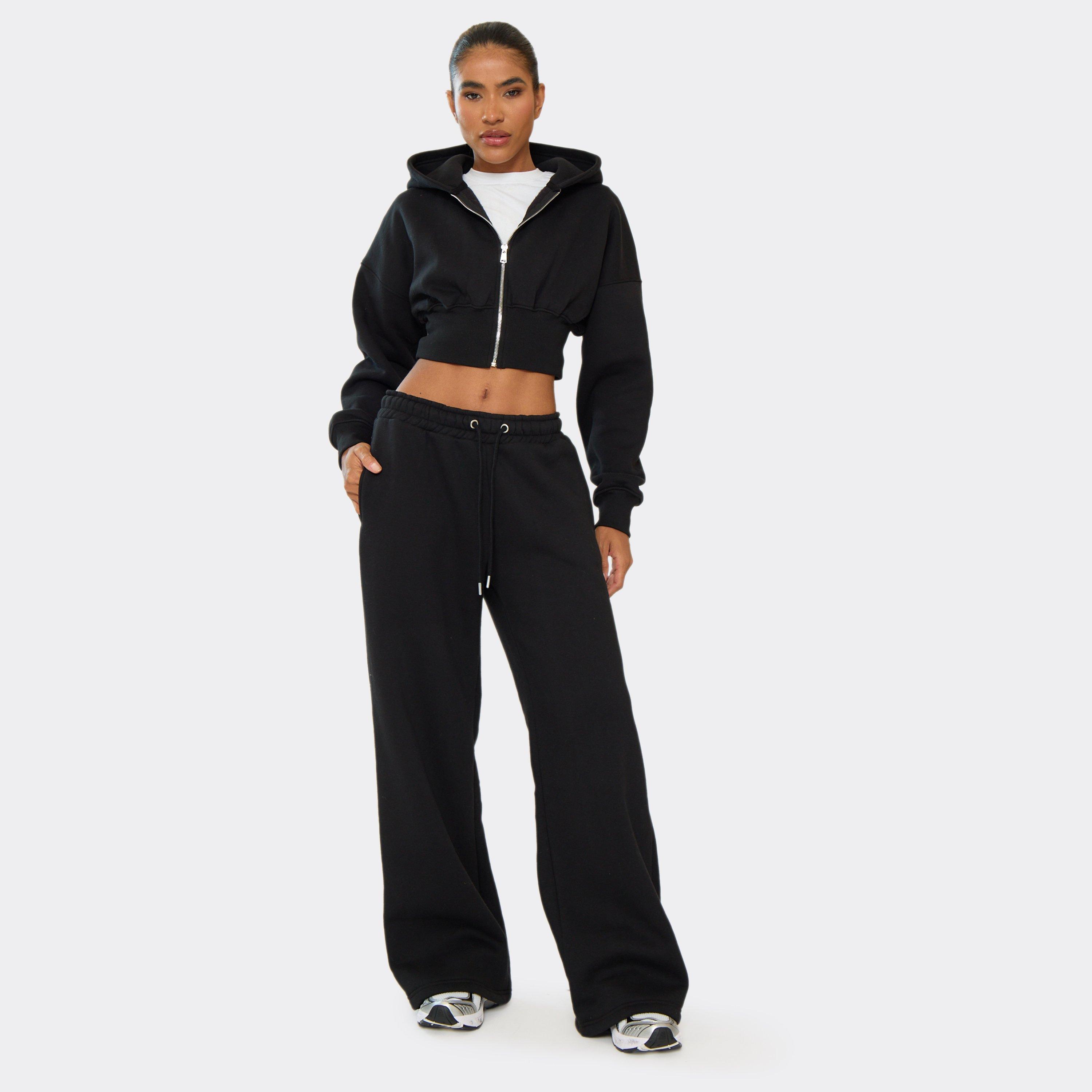 Drawstring Waist Wide Leg Joggers In Black, Women's Size UK 8