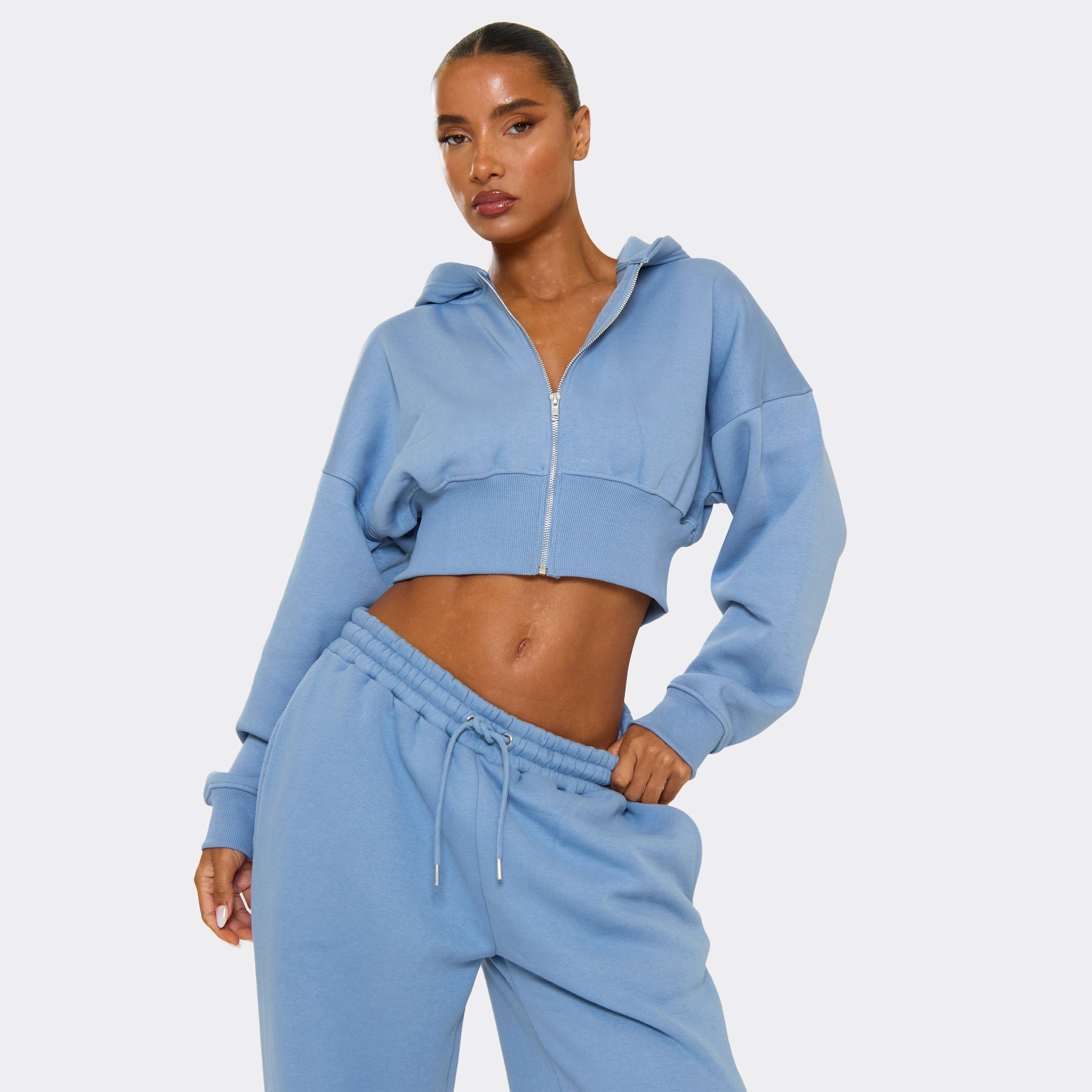 Zip Through Cropped Hoodie In Blue, Women's Size UK 4