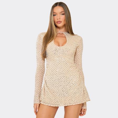 Long Sleeve Keyhole Cut Out Skater Mini Dress In Gold Sequin, Women's Size US
