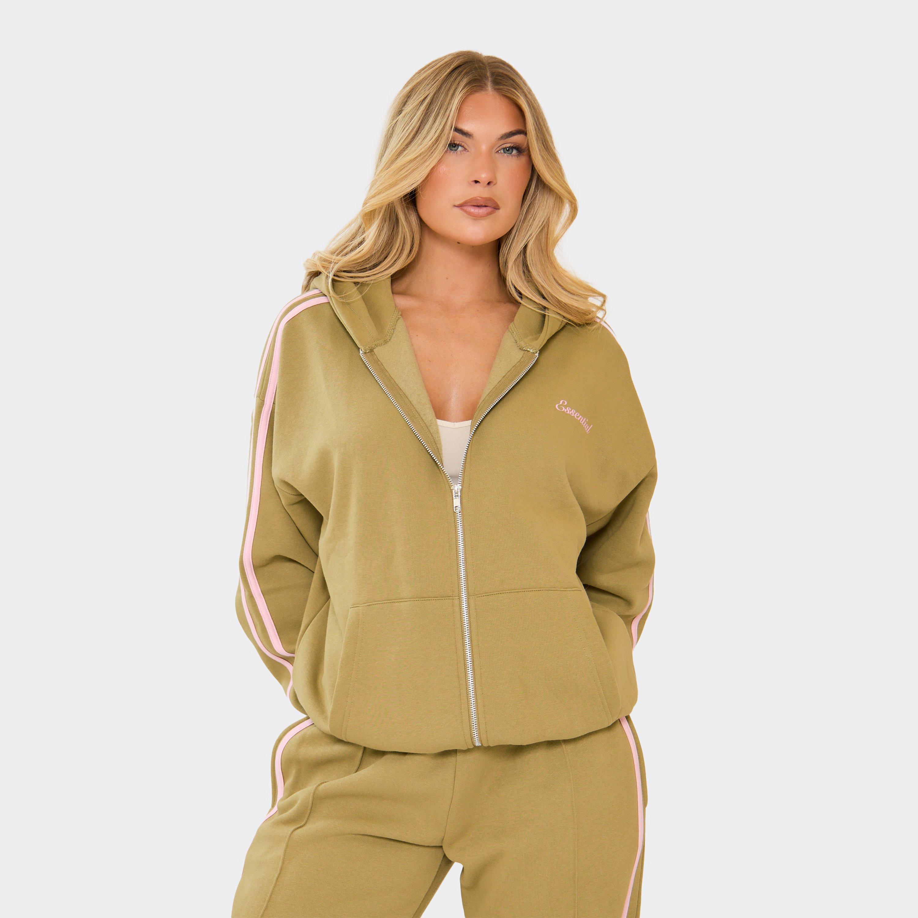 Oversized Contrast Stripe Side Essential Graphic Hoodie In Olive Green, Women’s