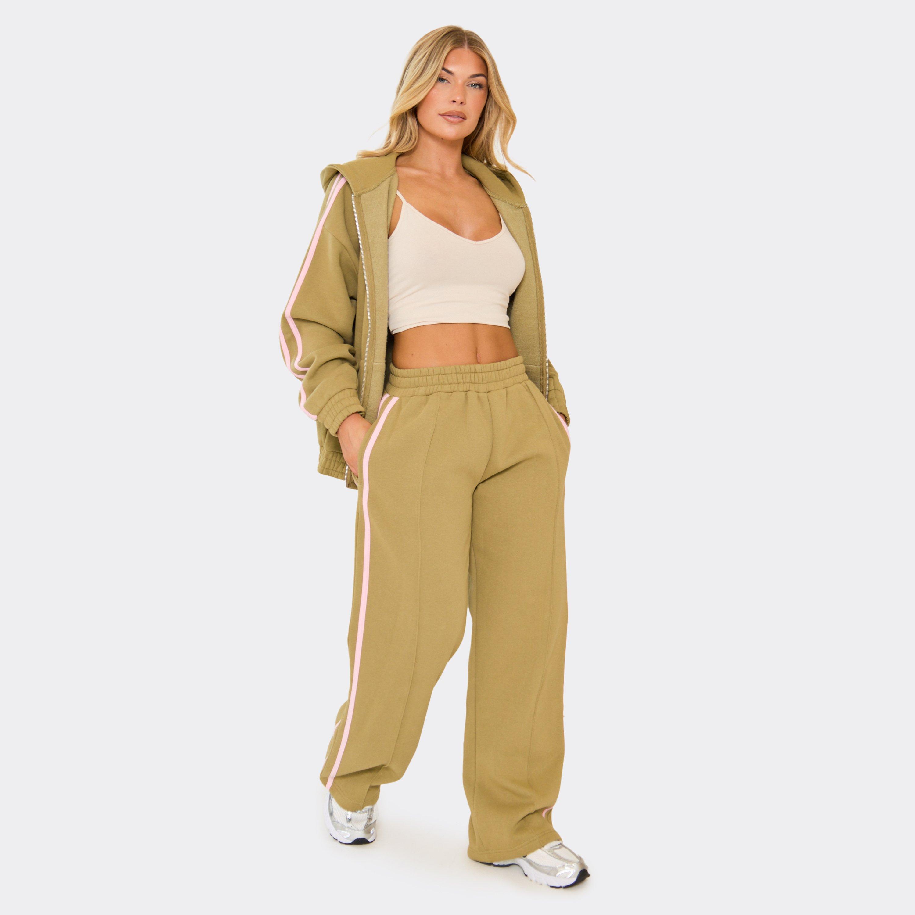 Oversized Mid Rise Contrast Stripe Straight Leg Joggers In Olive Green, Women’s