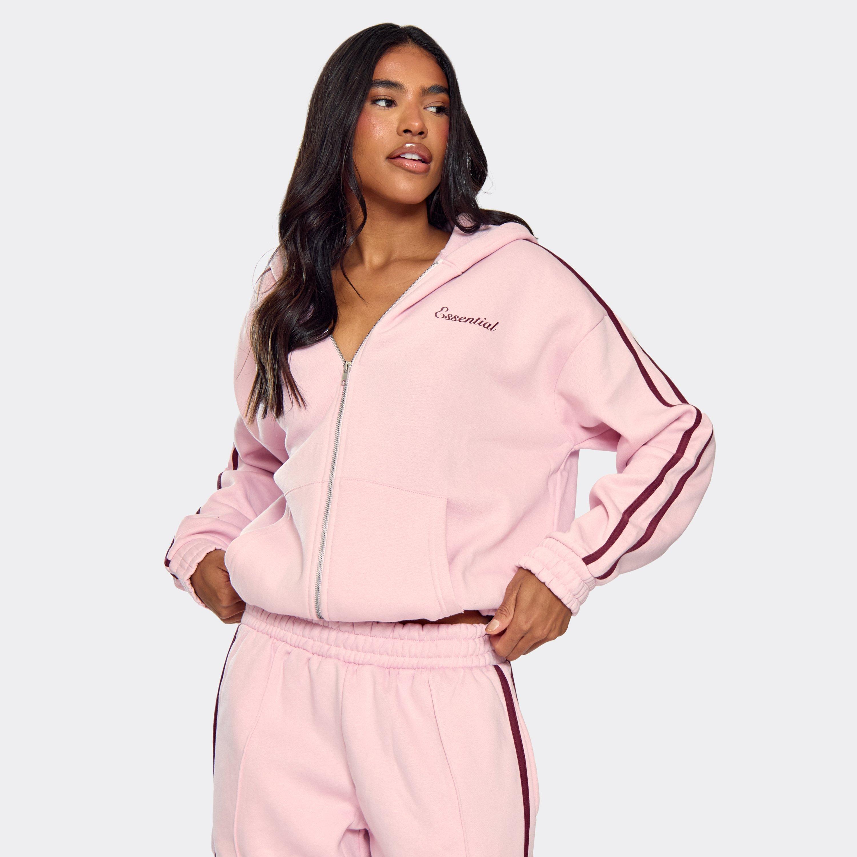 Oversized Contrast Stripe Side Essential Graphic Zip Up Hoodie In Pink, Women’s