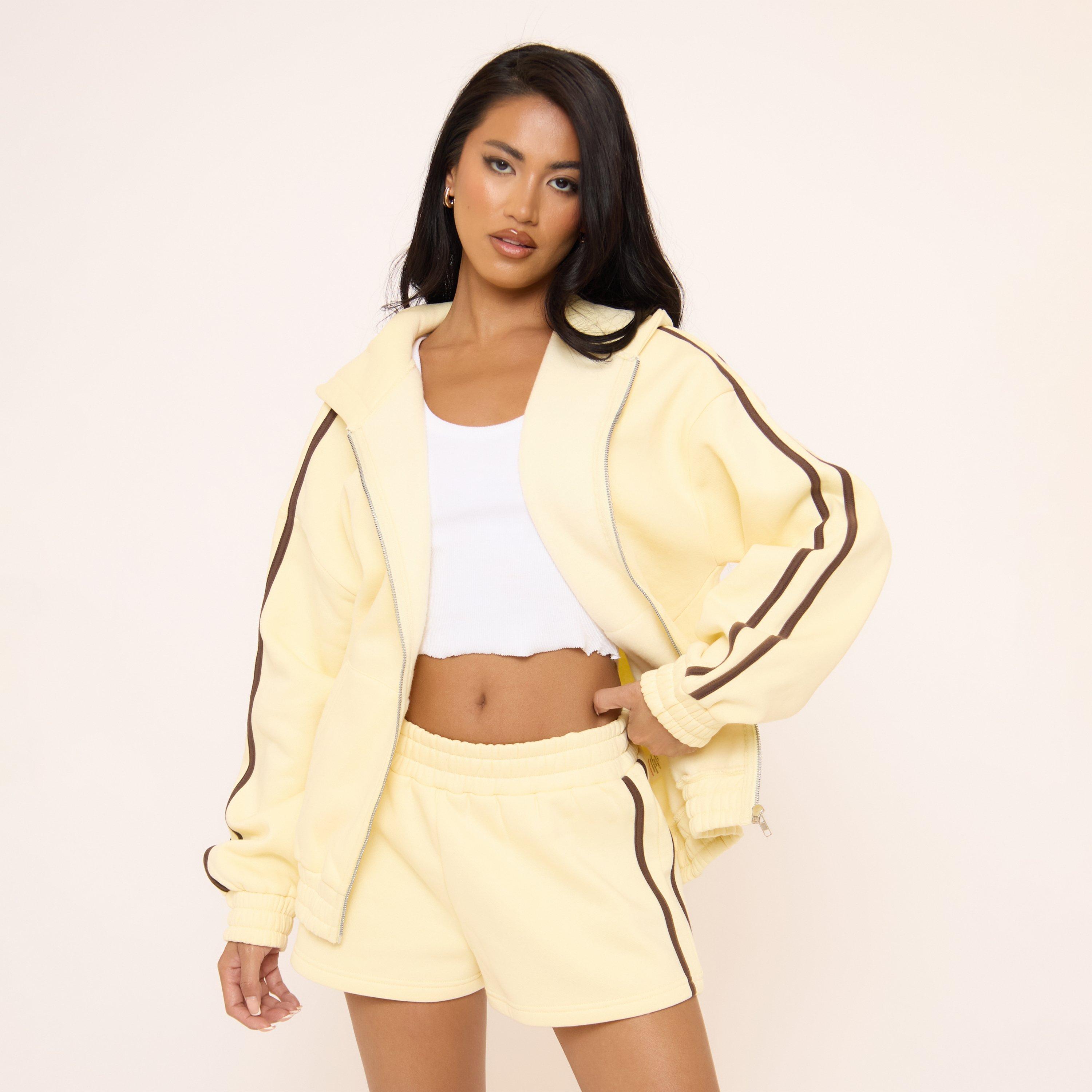 Oversized Contrast Stripe Side Essential Graphic Zip Up Hoodie In Yellow, Women’s