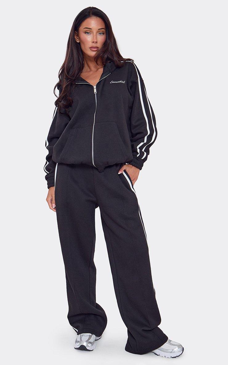Oversized Mid Rise Contrast Stripe Straight Leg Joggers In Black