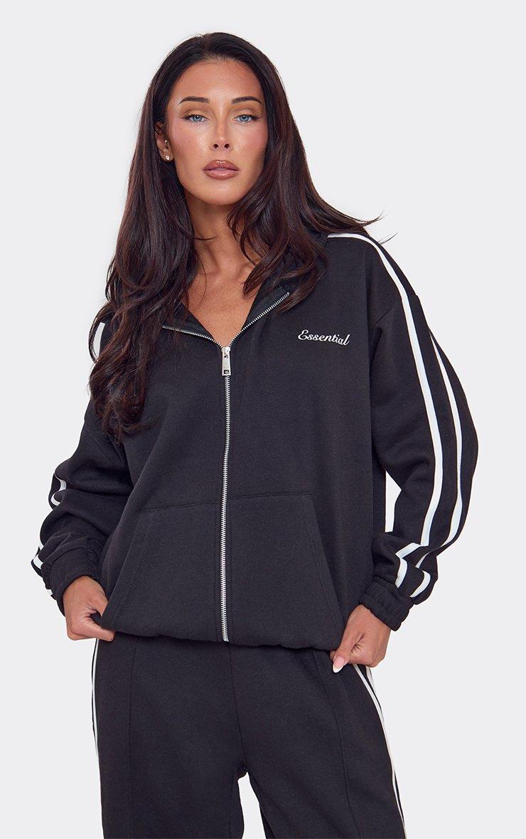Oversized Contrast Stripe Side Essential Graphic Zip Up Hoodie In Black