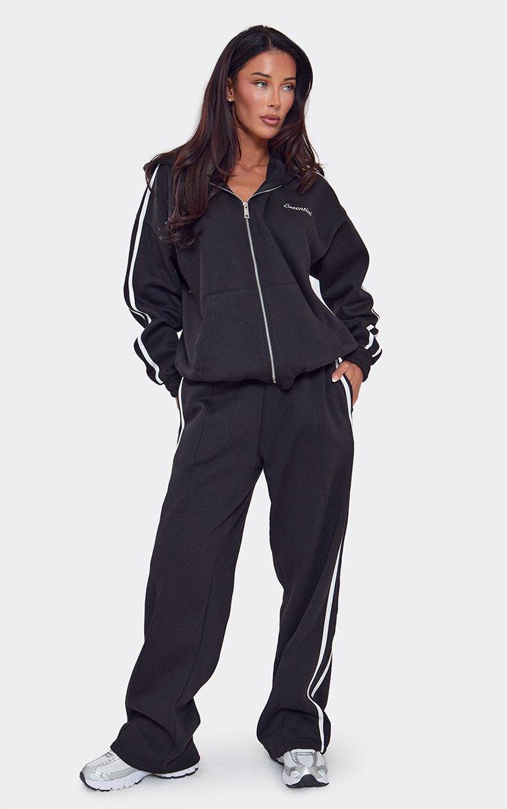Oversized Contrast Stripe Side Essential Graphic Zip Up Hoodie In Black