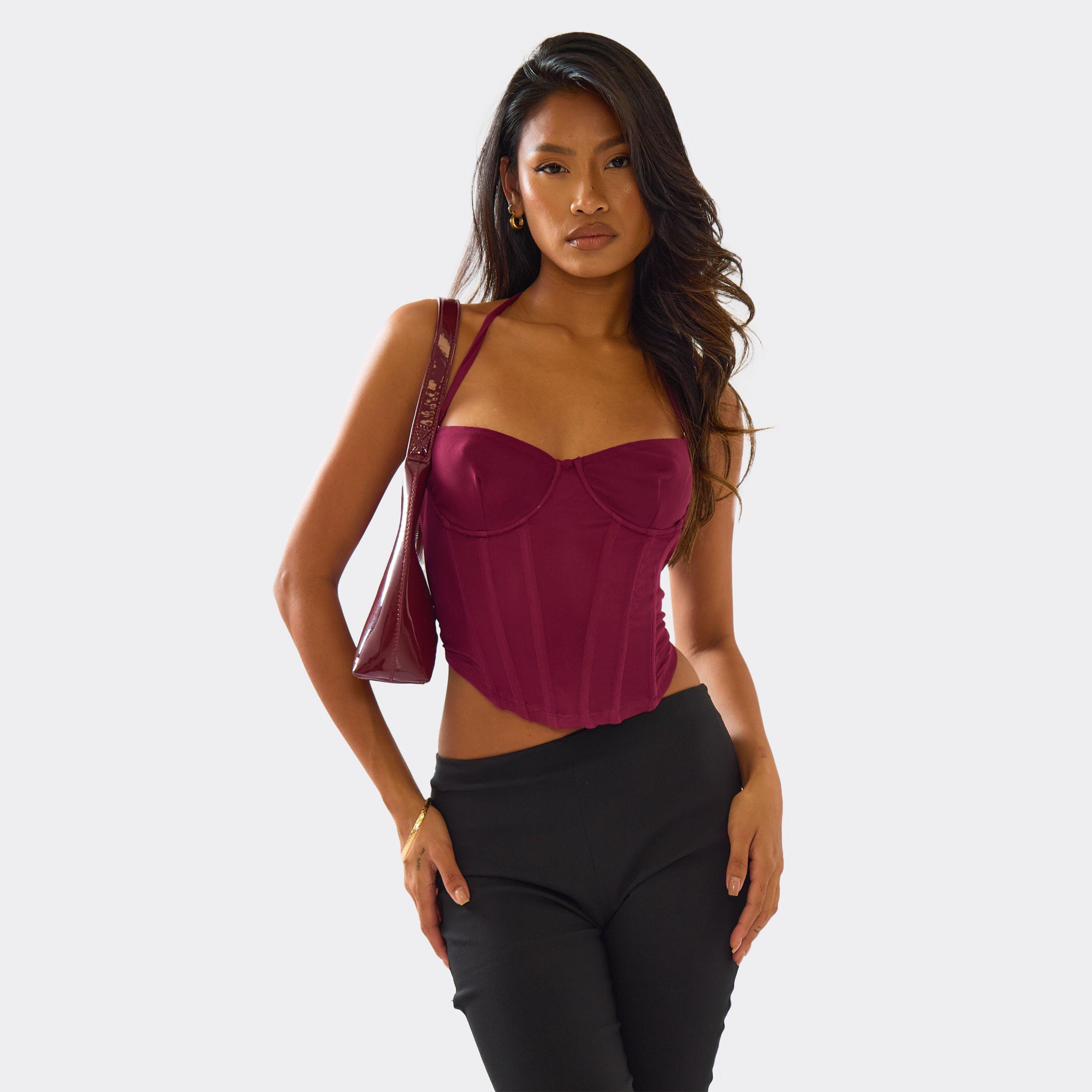Halterneck Dipped Hem Corset Top In Plum Mesh, Women’s