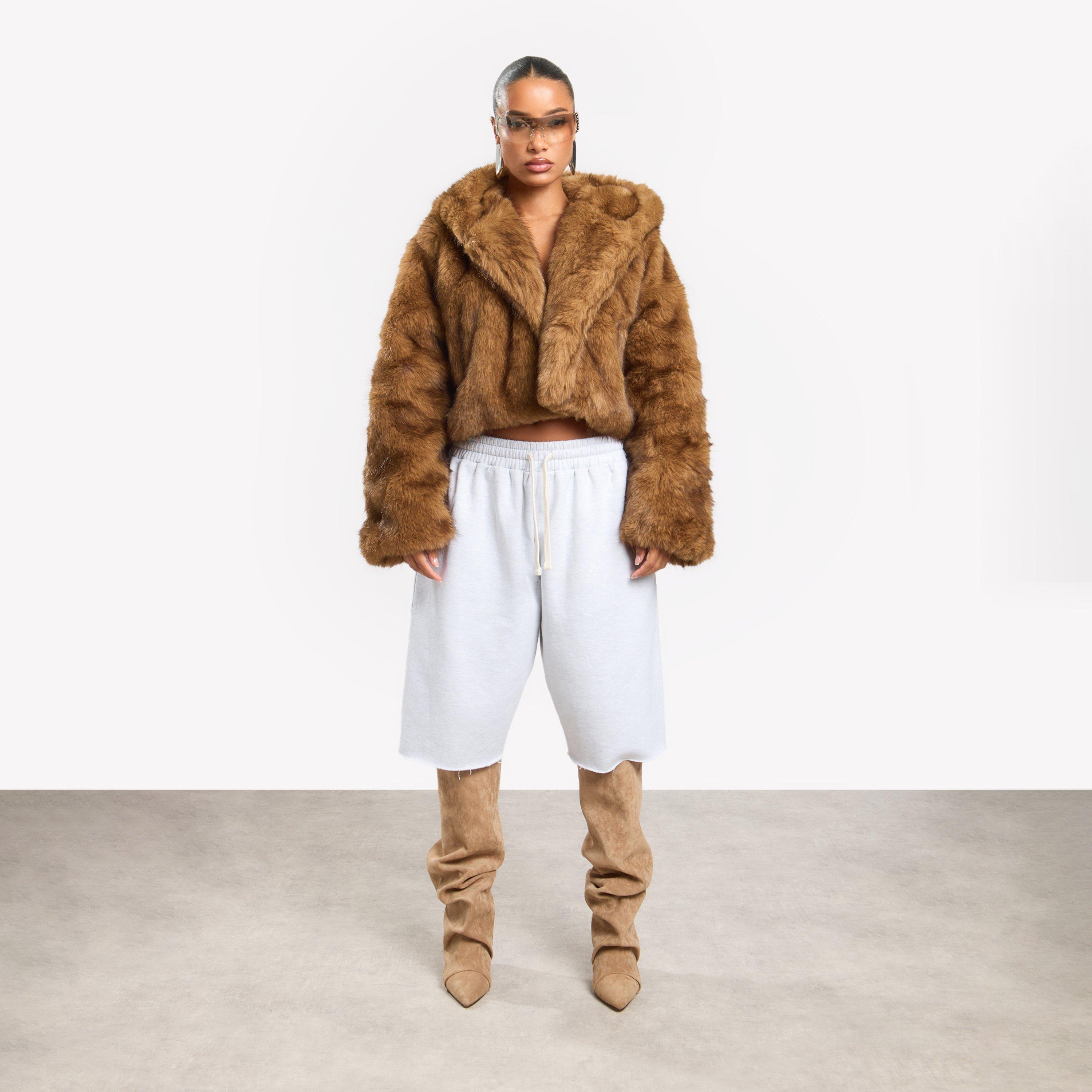 Hooded Cropped Coat In Brown Premium Faux Fur, Women's Size UK 12