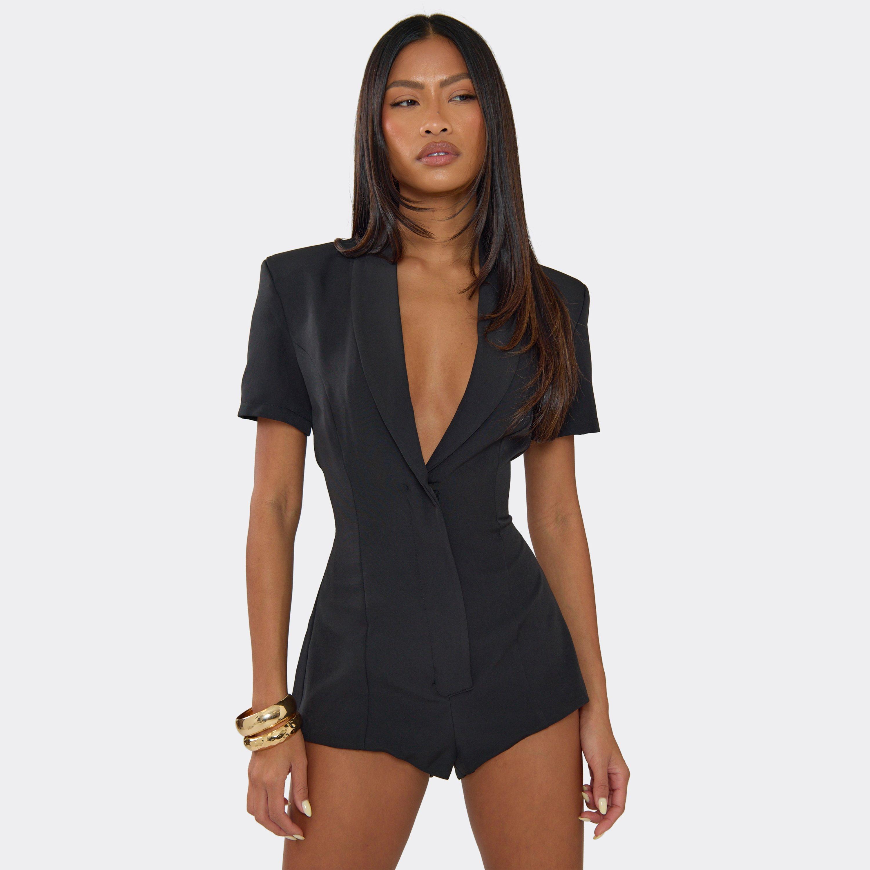 Image of Short Sleeve Plunge Neck Blazer Playsuit In Black, Women's