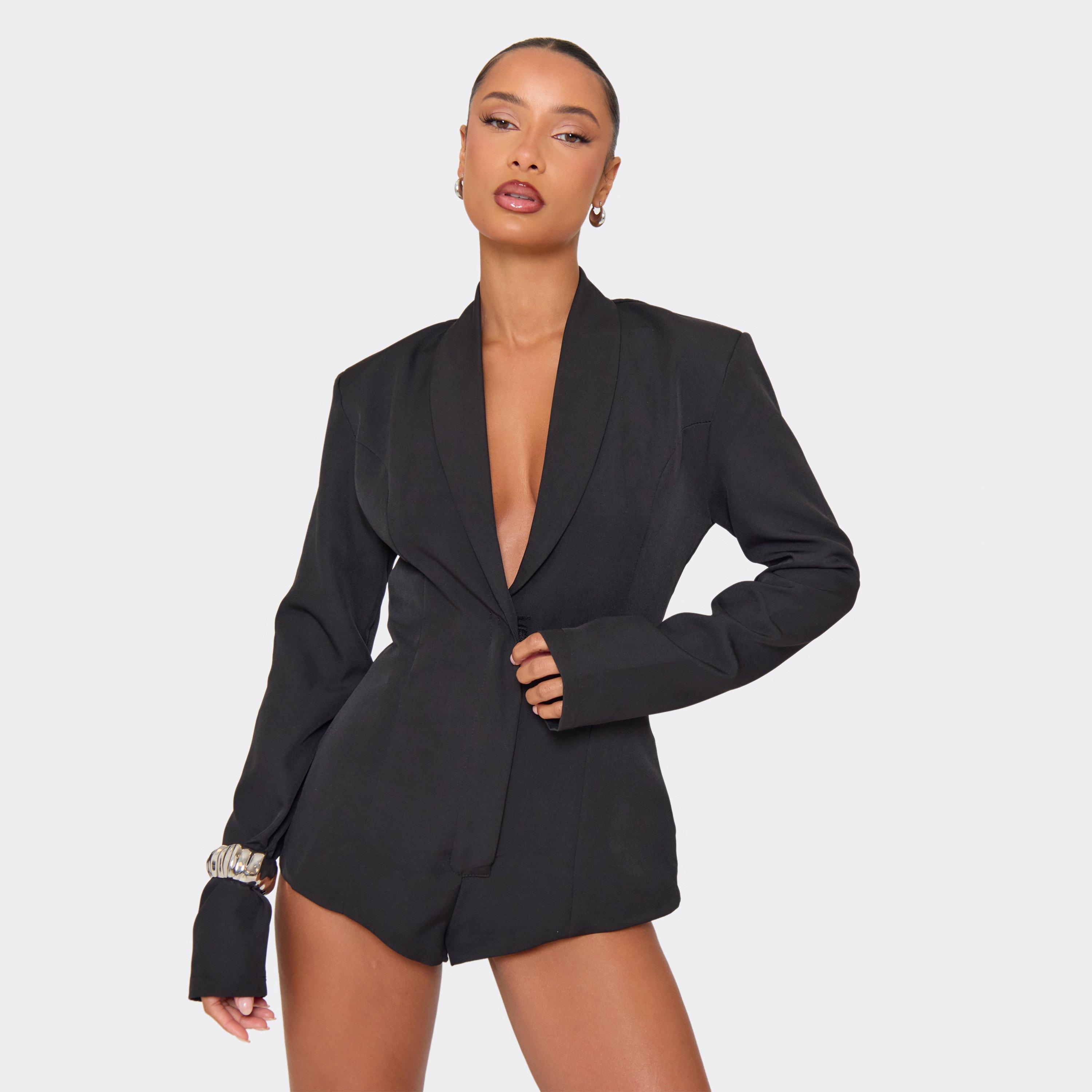 Image of Plunge Neck Detail Shoulder Pad Tailored Playsuit In Black, Women's
