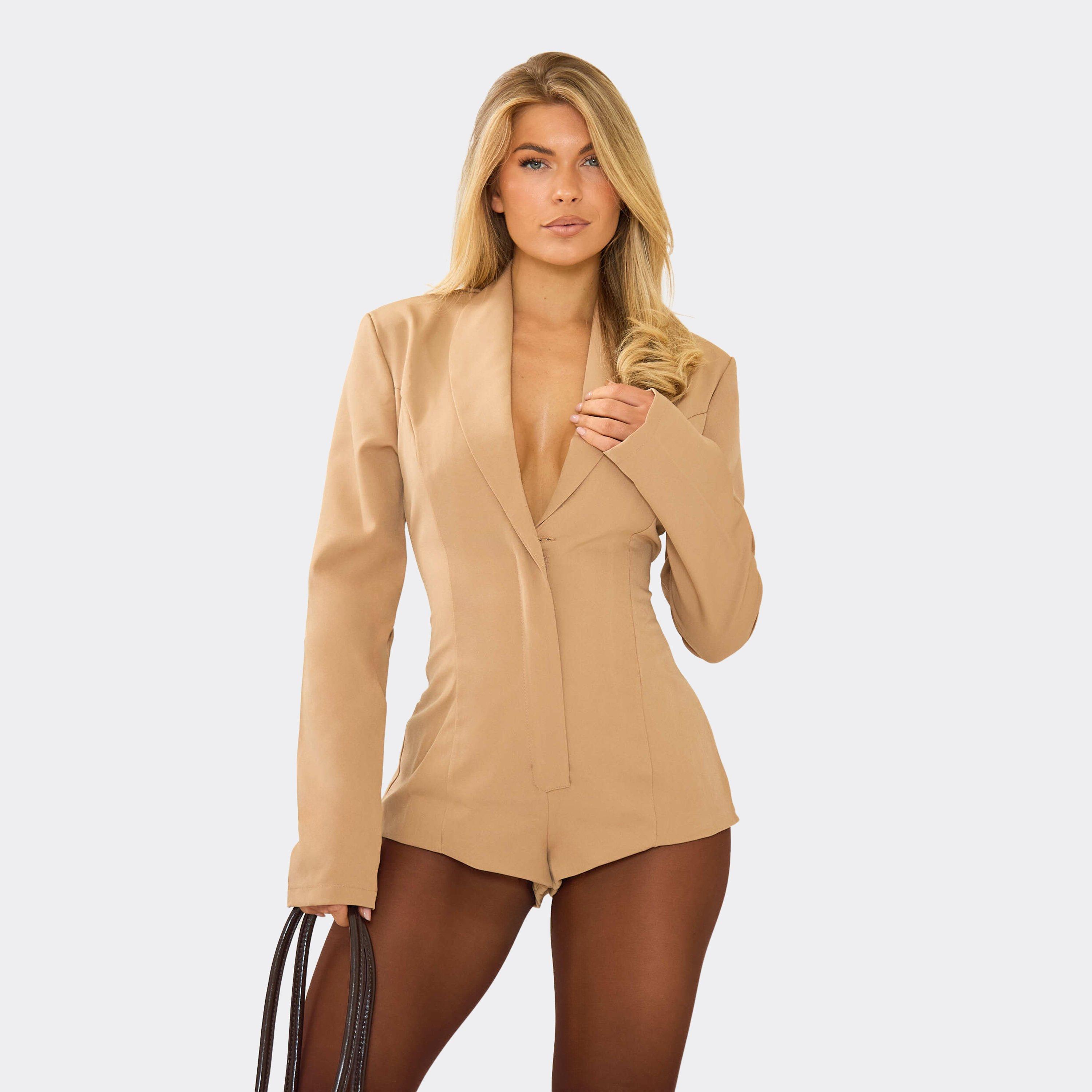 Image of Plunge Neck Detail Shoulder Pad Tailored Playsuit In Taupe, Women's