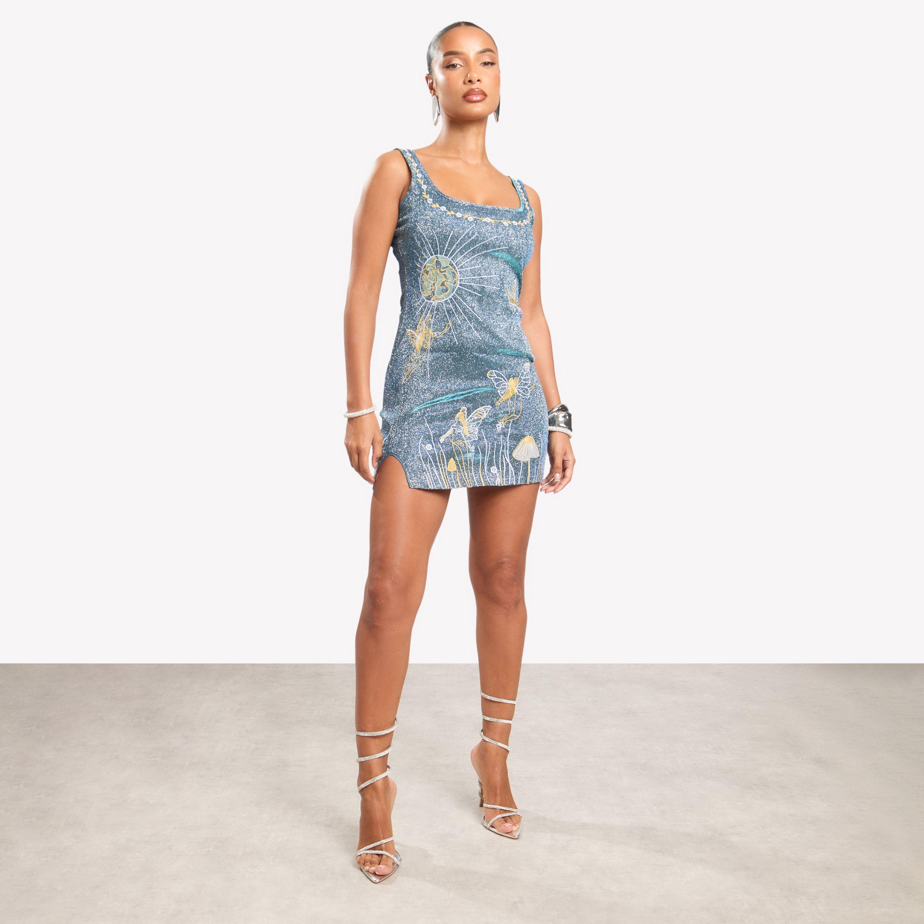 Square Neck Midnight Graphic Print Mini Bodycon Dress In Blue Glitter, Women’s