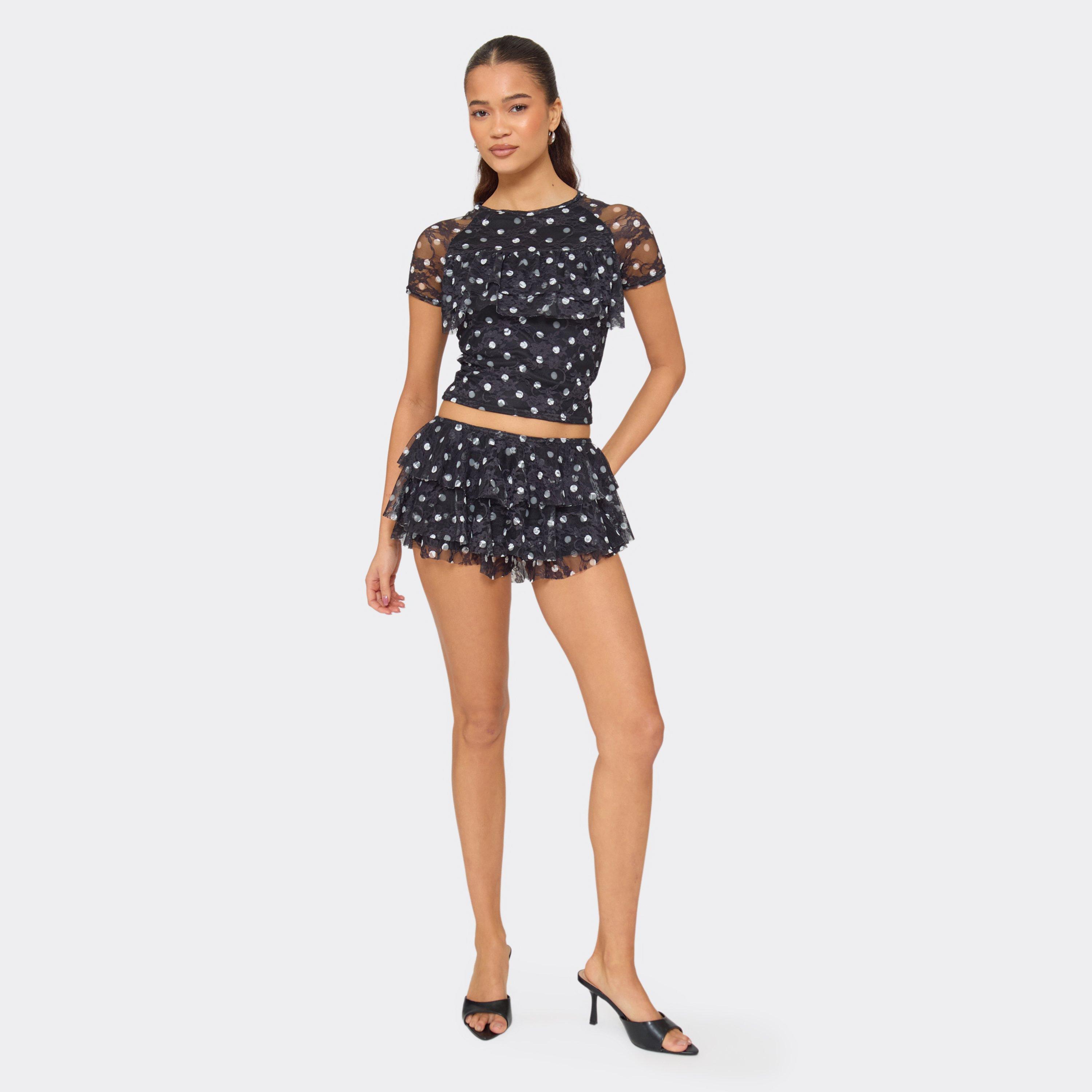 Mid Rise Frill Bloomer Shorts In Black Polka Dot Lace, Women’s