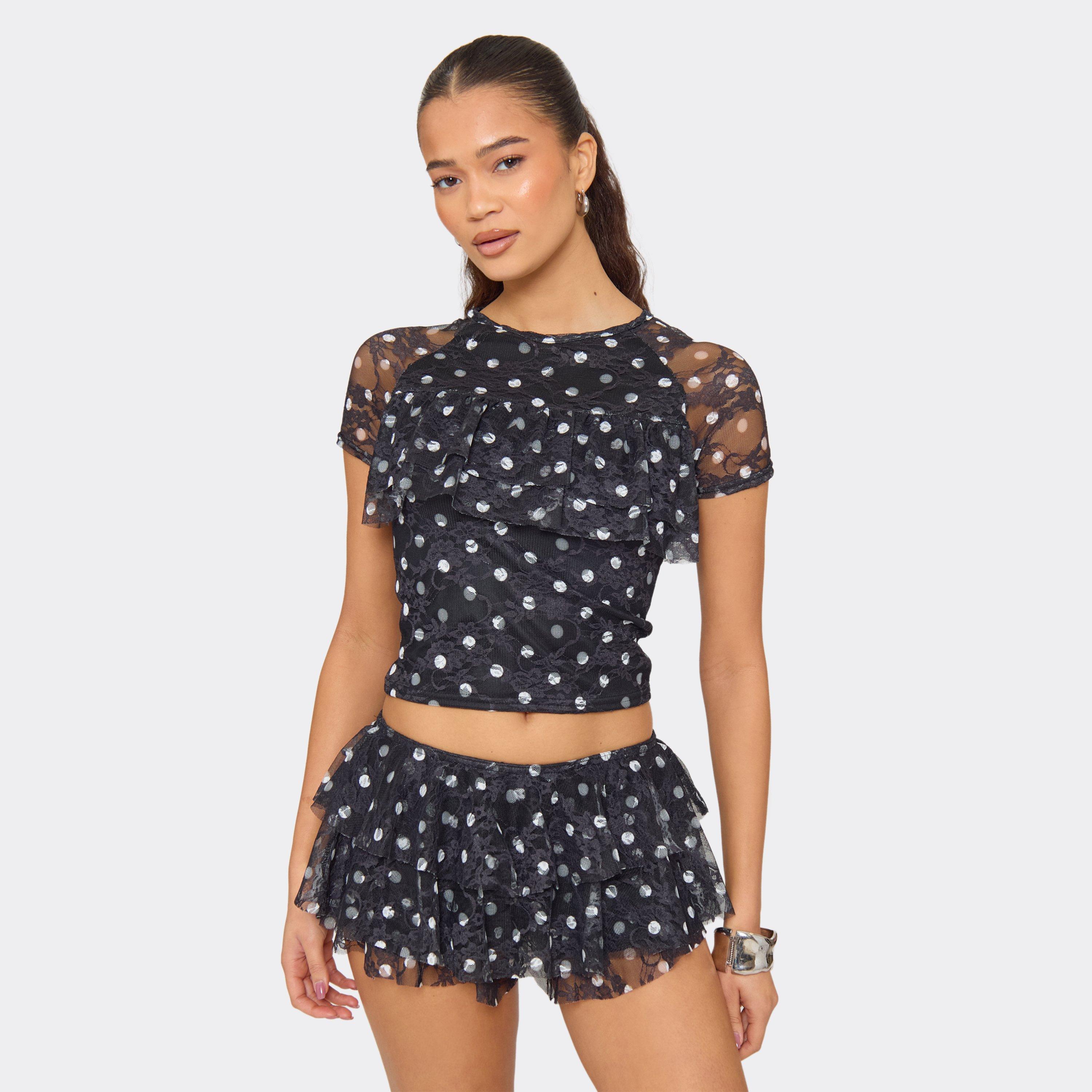 Image of Short Sleeve Frilly T-Shirt In Black Polka Dot Lace, Women's