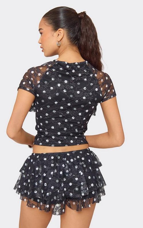Low Rise Bow Detail Ruffle Frill Hotpant Shorts In Black Polka Dot