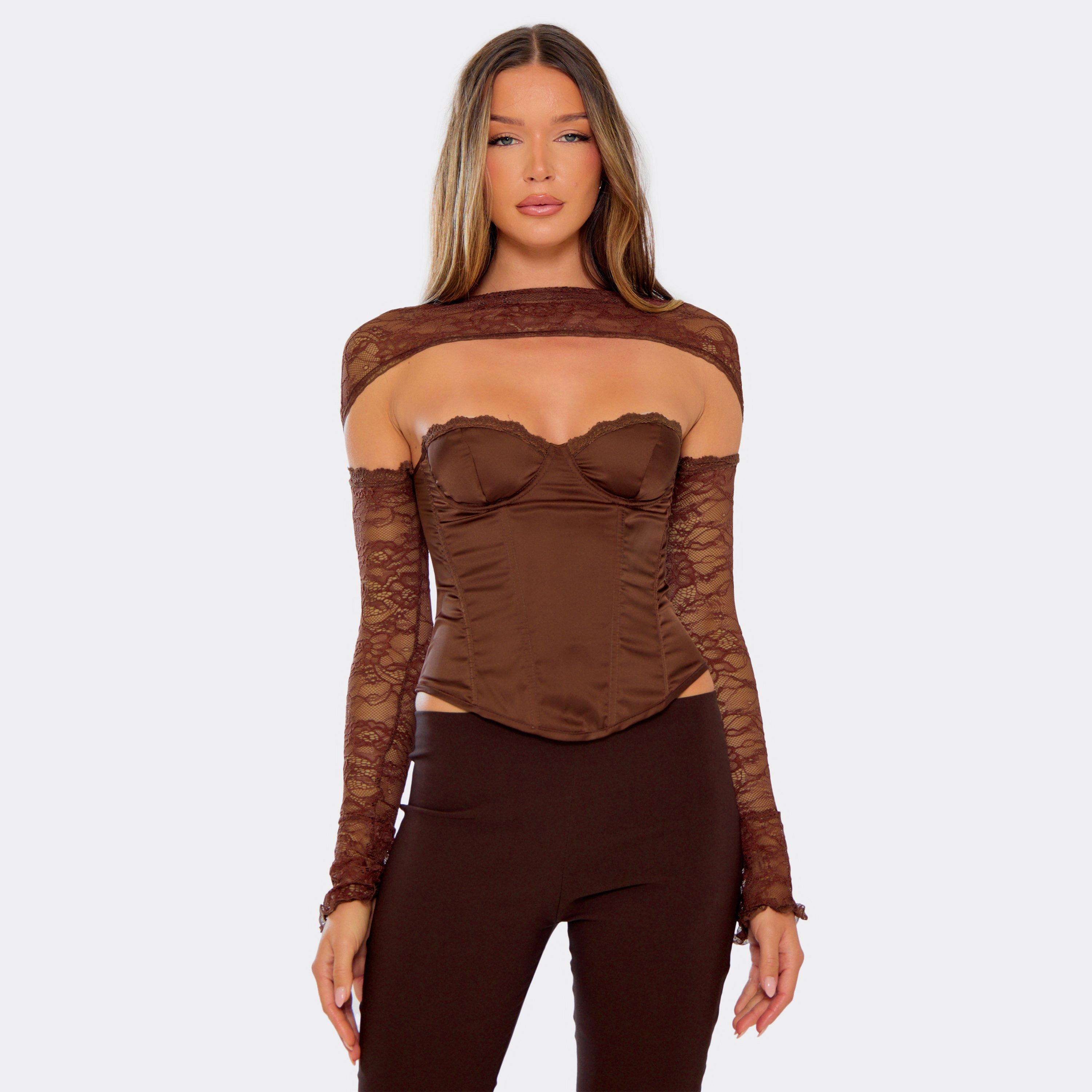 Bandeau Structured Corset Top With Lace Sleeves In Chocolate Brown Satin, Women’s