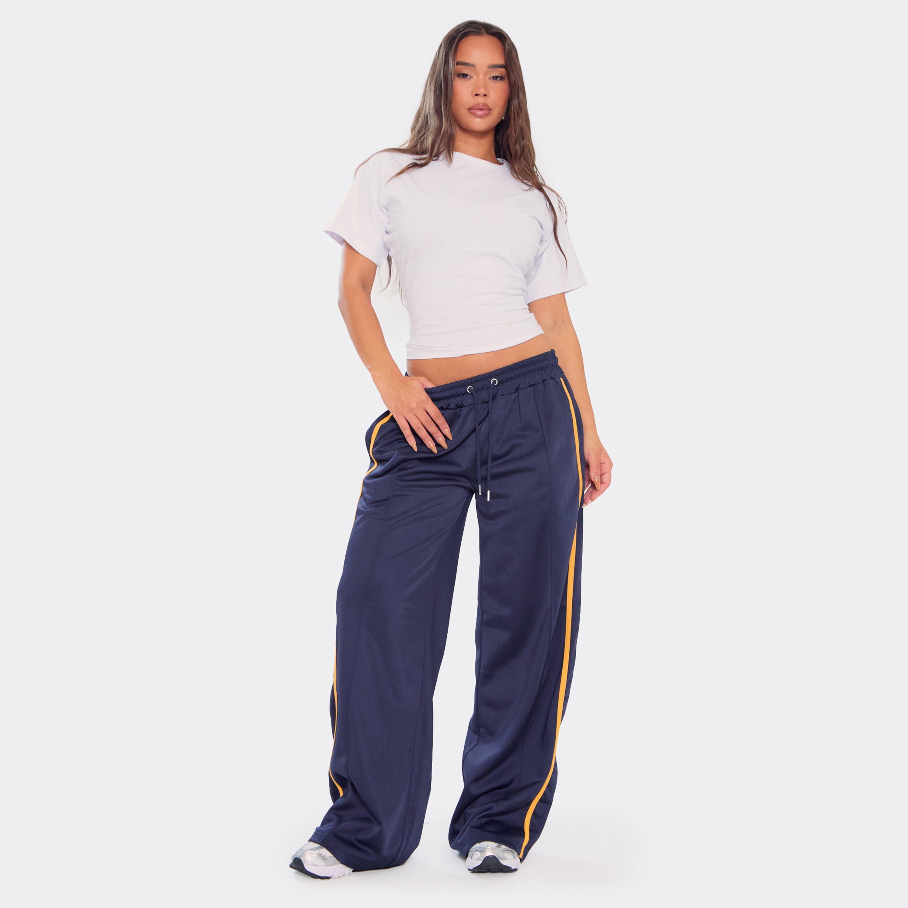 Tie Waist Contrast Side Stripe Track Pants In Navy Blue, Women’s