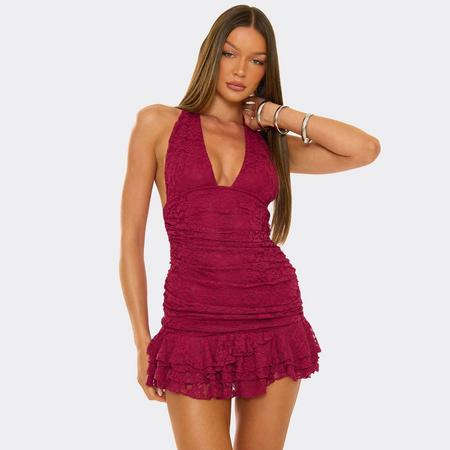 Plunge Halterneck Frilled Hem Ruched Mini Dress In Burgundy Lace, Women's Size US