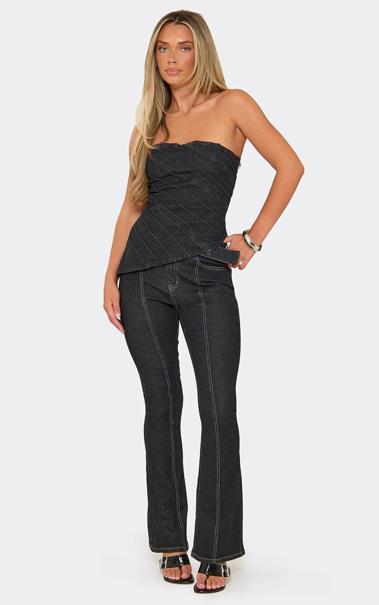 Mid Rise Eyelet Belt Detail Flared Leg Jeans In Black Denim.