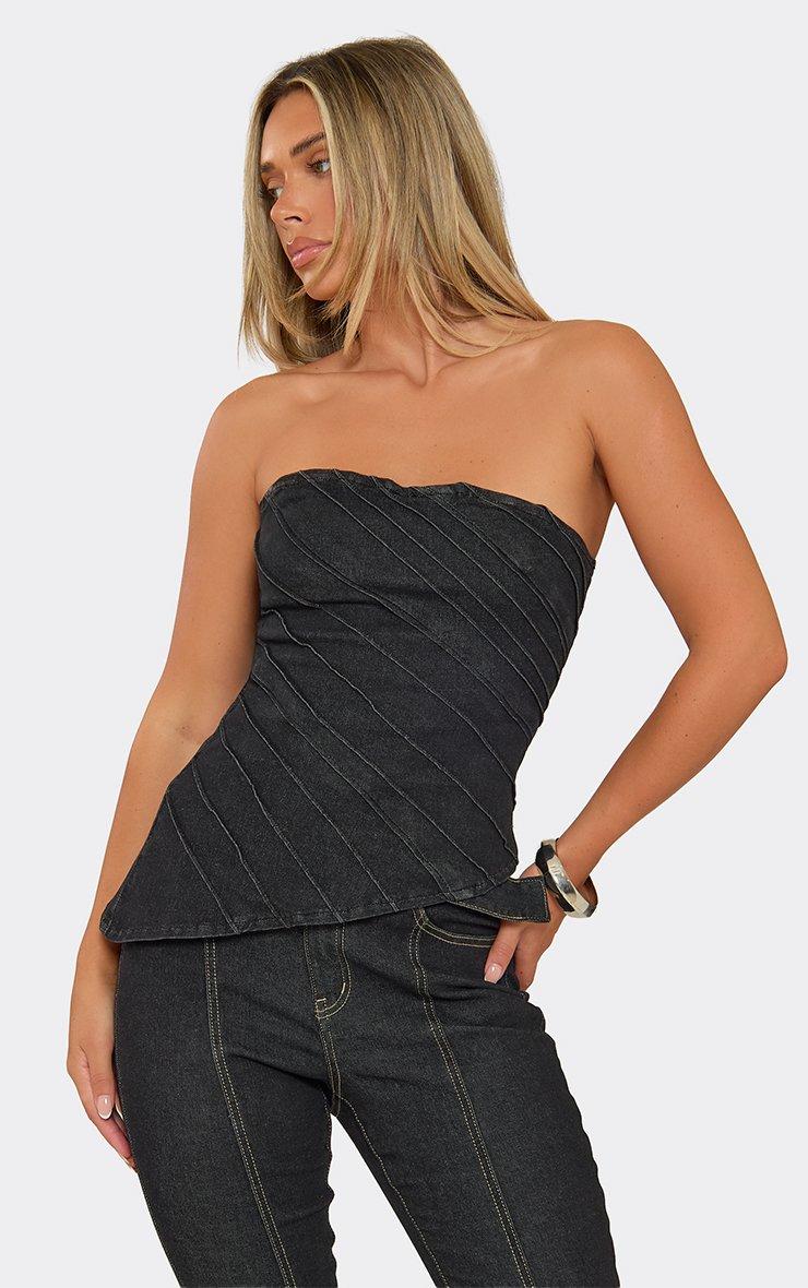Bandeau Seam Detail Asymmetric Hem Corset Top In Black Denim.