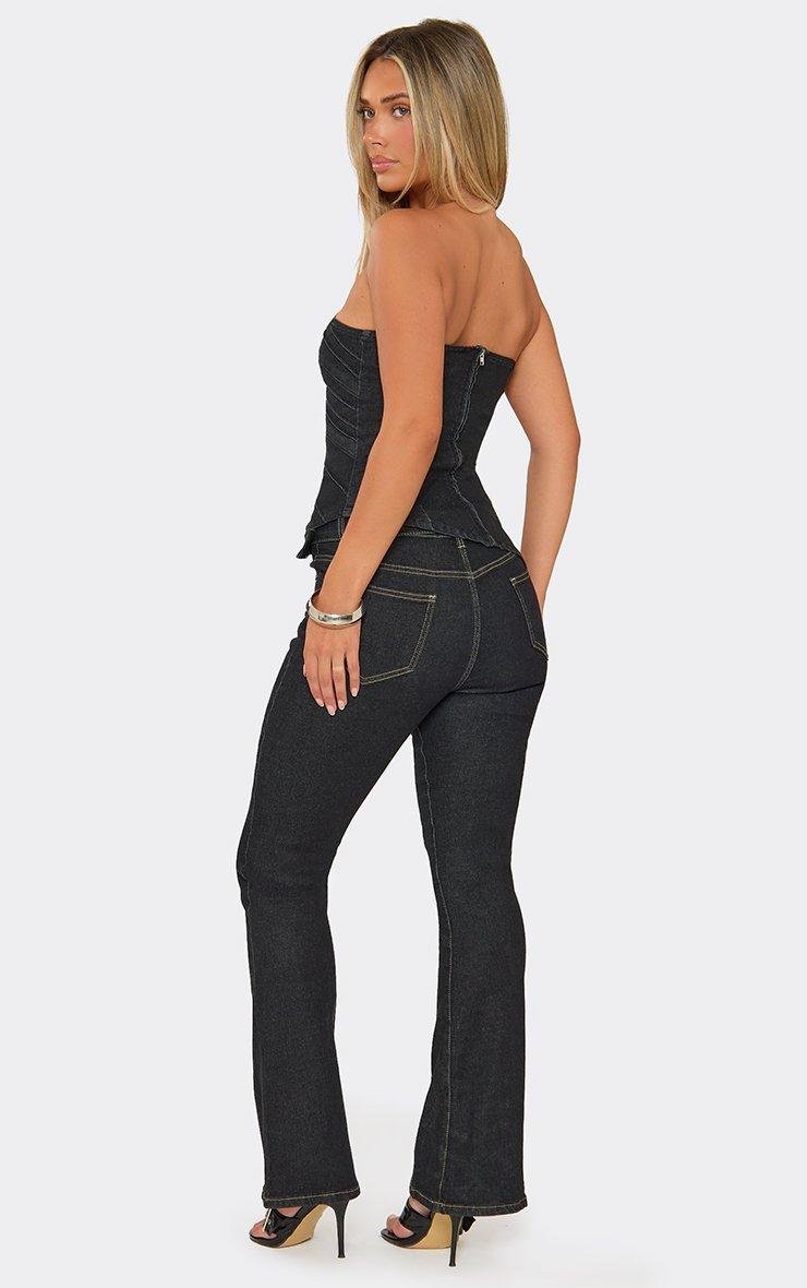 Mid Rise Eyelet Belt Detail Flared Leg Jeans In Black Denim.