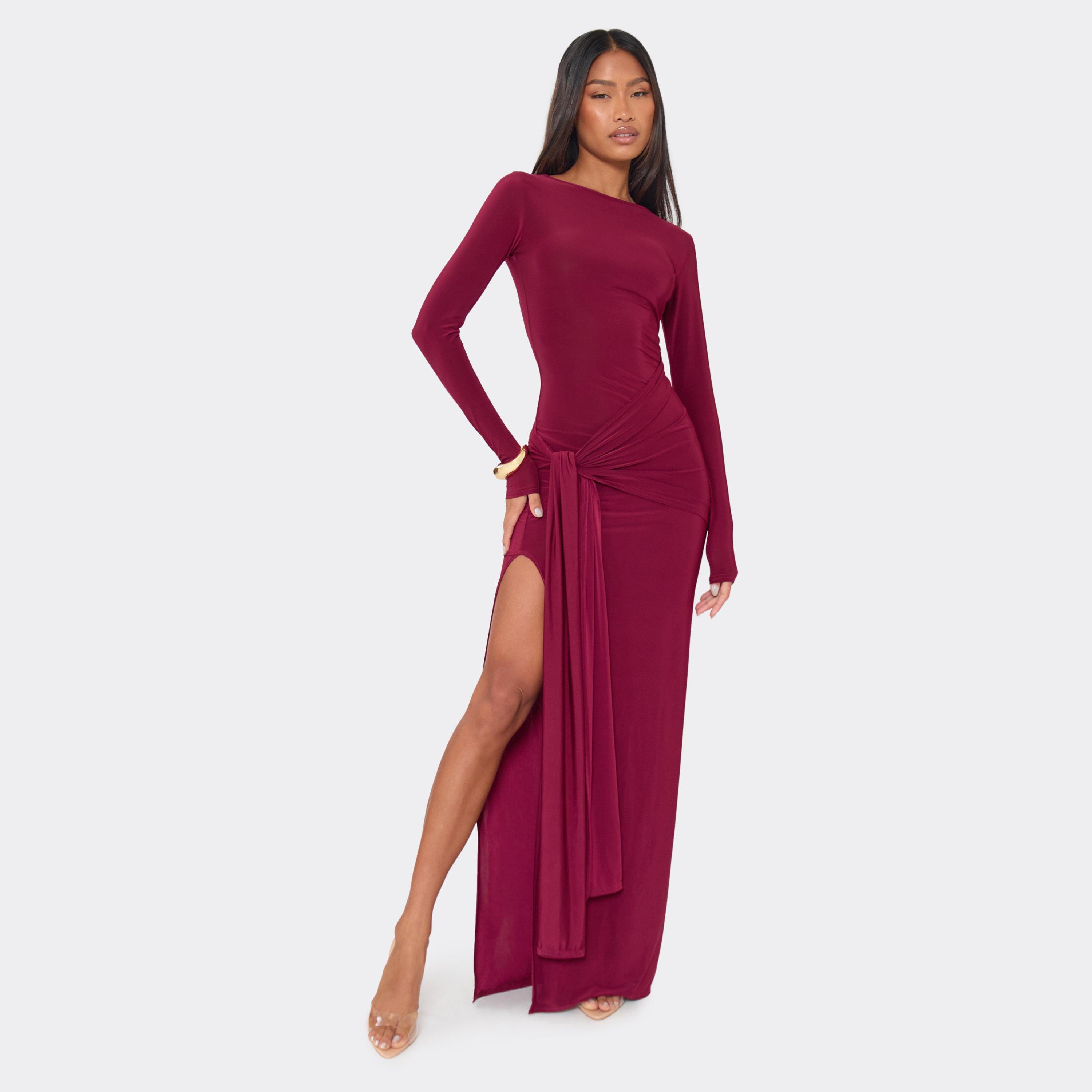 Long Sleeve Split Leg Drape Waist Detail Maxi Dress In Burgundy Slinky, Women's Size UK 8