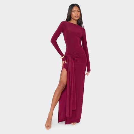 Long Sleeve Split Leg Drape Waist Detail Maxi Dress In Burgundy Slinky, Women's Size US