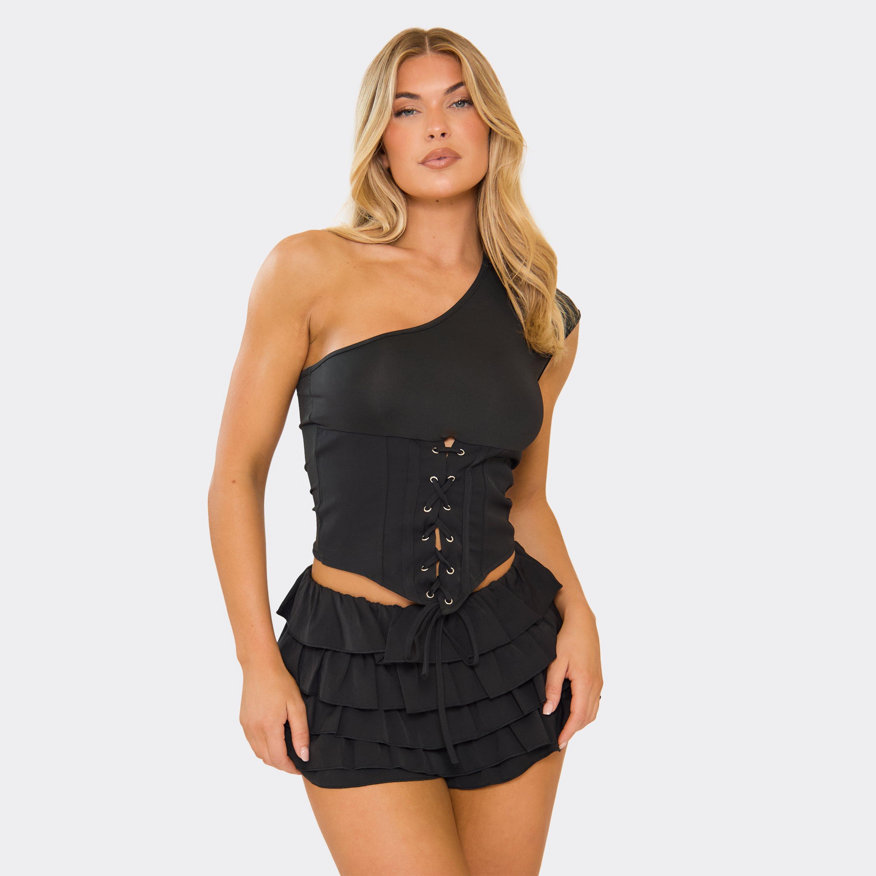 One Shoulder Lace Up Front Corset Top In Black, Women’s