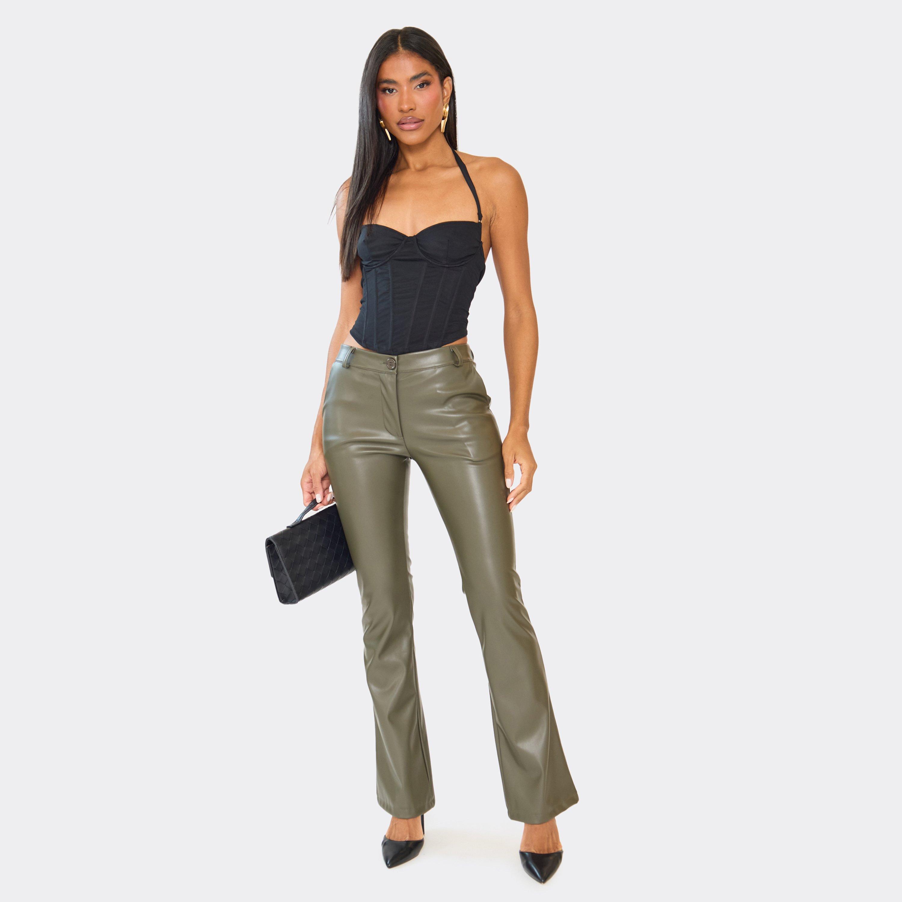 Image of Low Rise Skinny Flared Trousers In Khaki Green, Women's