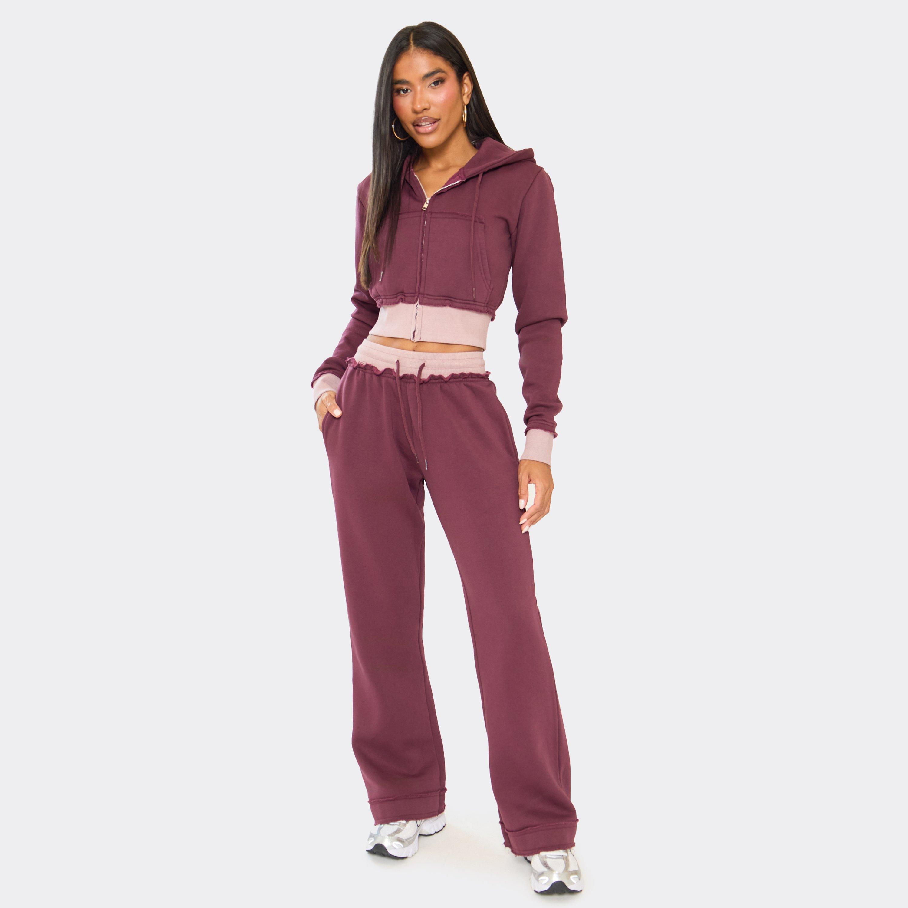 Contrast Distressed Detail Drawstring Flared Joggers In Plum, Women’s