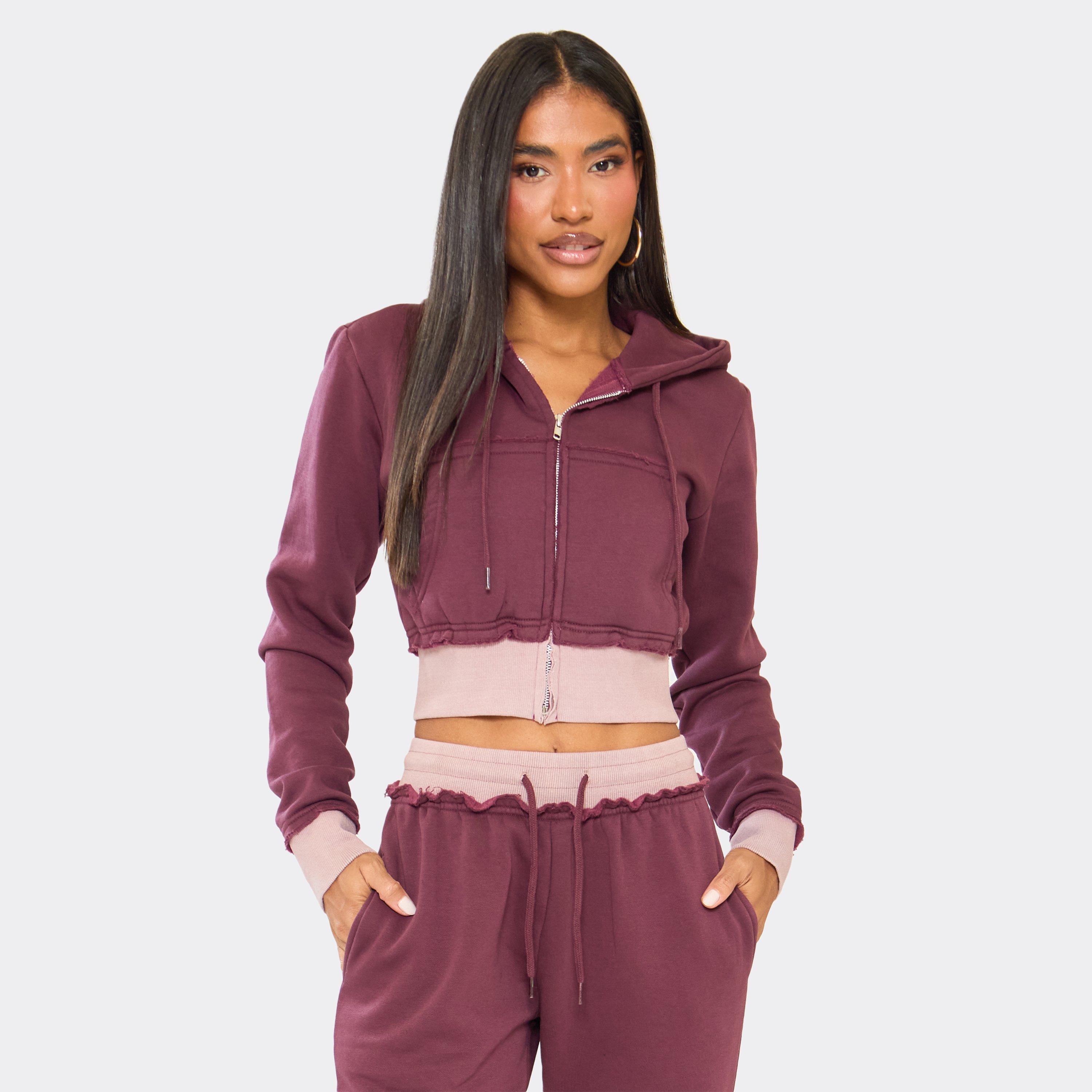 Contrast Distressed Detail Cropped Zip Up Hoodie In Plum, Women’s