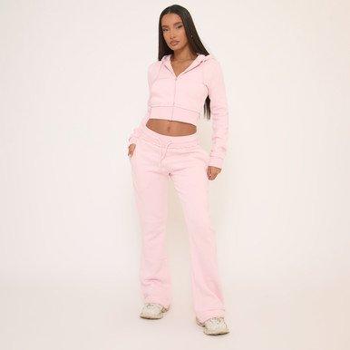 Contrast Distressed Detail Drawstring Flared Joggers In Pink, Women's Size UK 16
