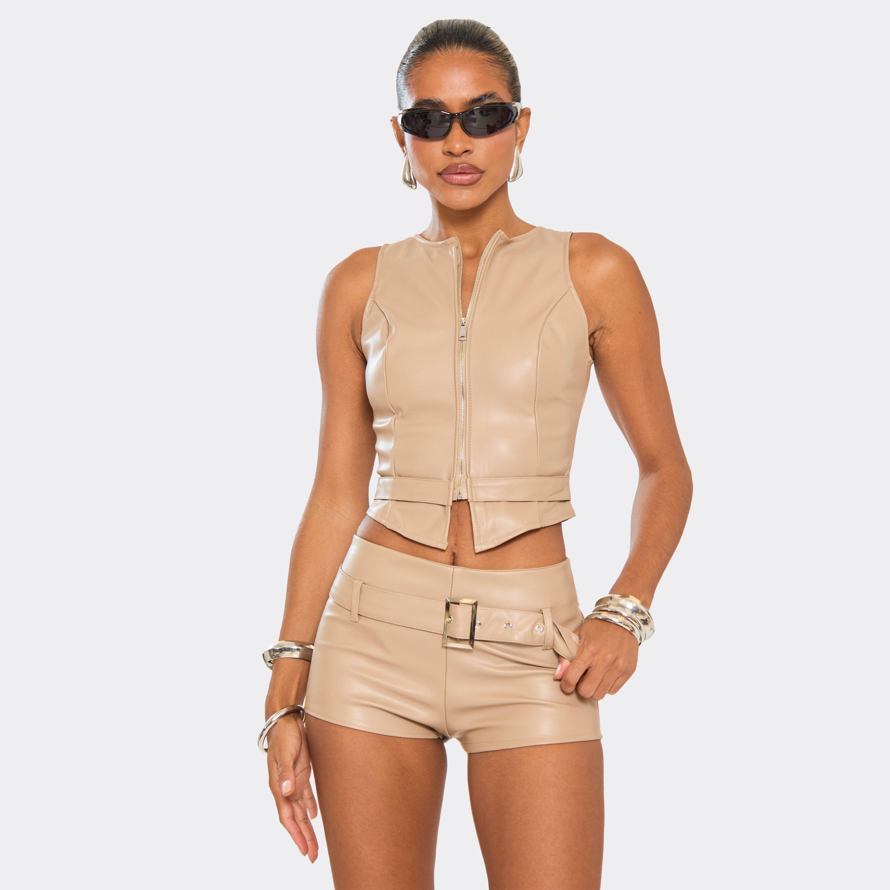 Image of Sleeveless Zip Front Top In Brown Faux Leather, Women's