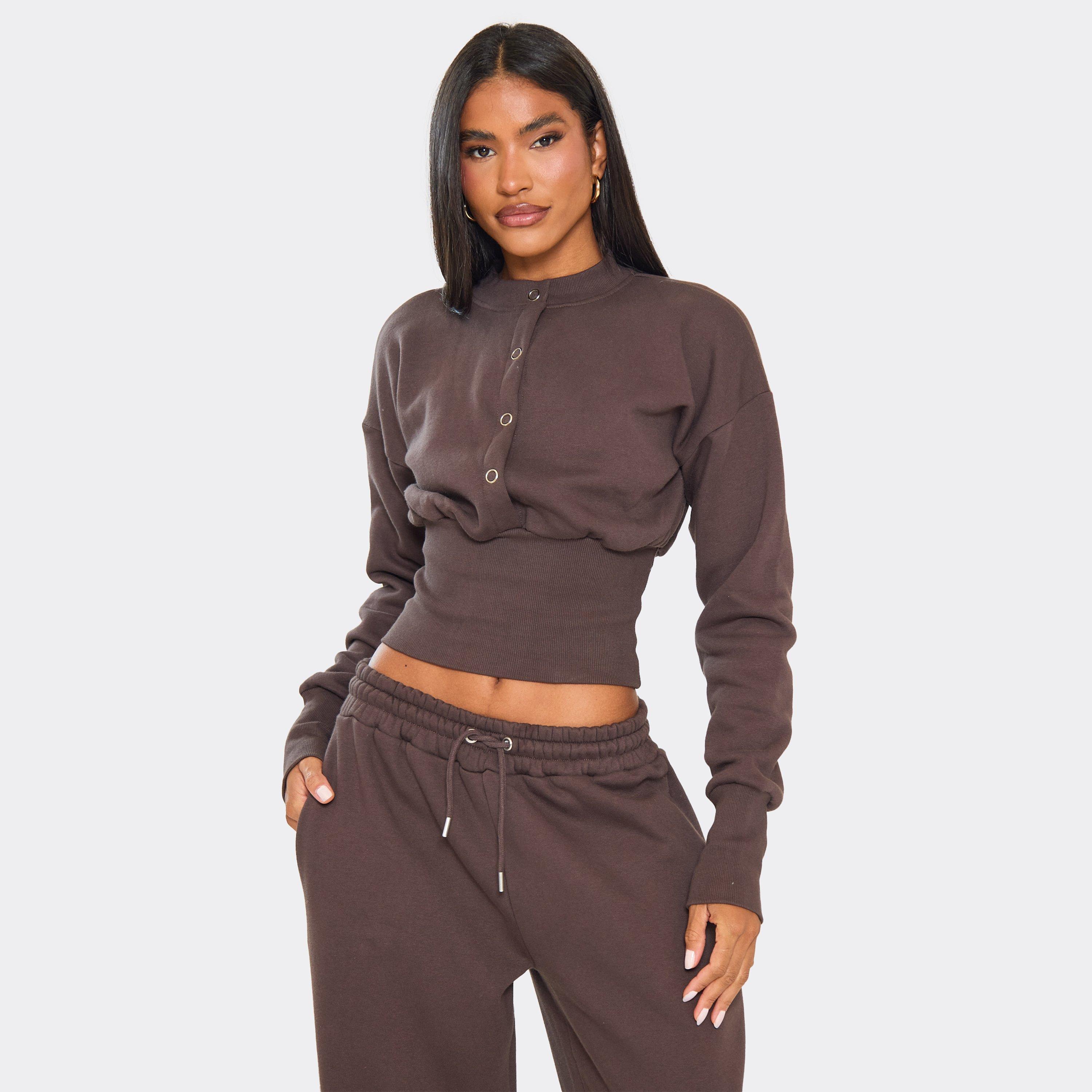 Image of Long Sleeve Popper Detail Cinched Waist Sweatshirt In Chocolate Brown, Women's