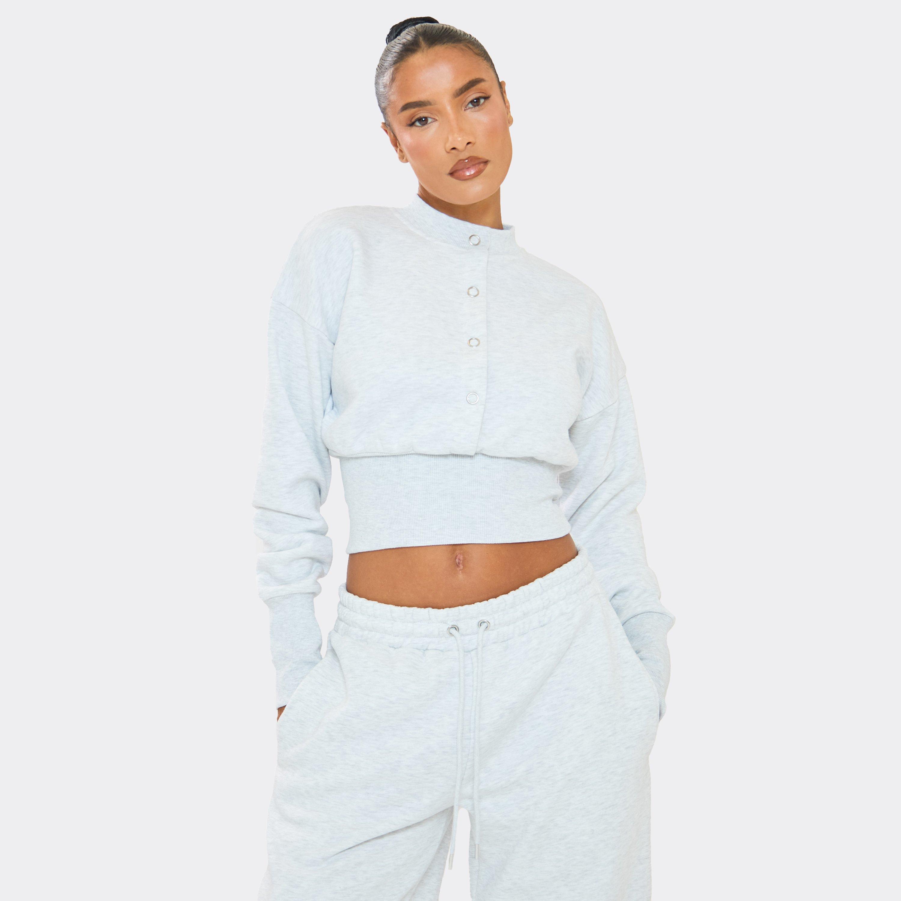Image of Long Sleeve Popper Detail Cinched Waist Sweatshirt In Light Grey Marl, Women's