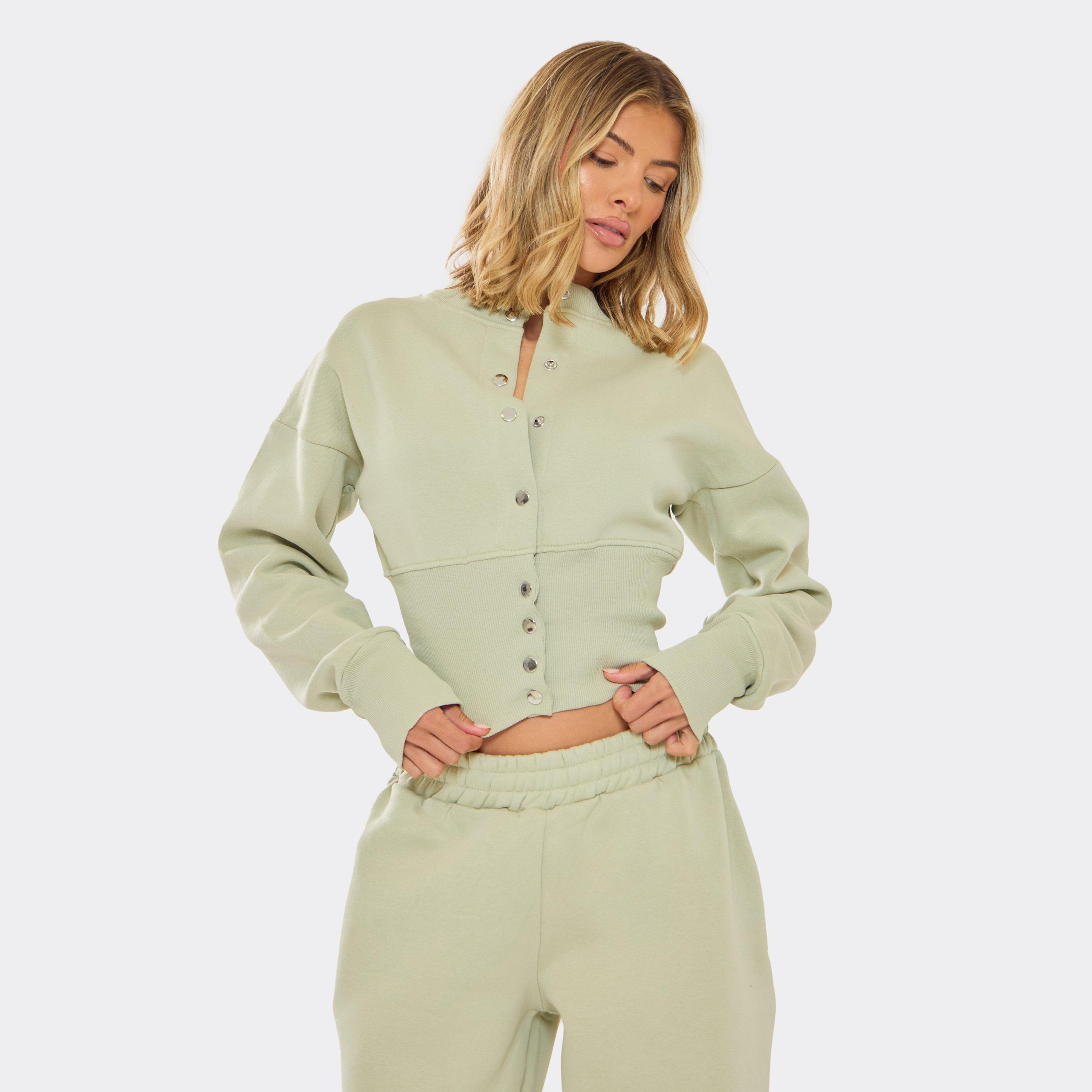 Image of Long Sleeve Popper Detail Cinched Waist Sweatshirt In Sage Green, Women's