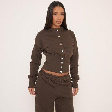 Image of Long Sleeve Popper Detail Cinched Waist Sweatshirt In Brown, Women's