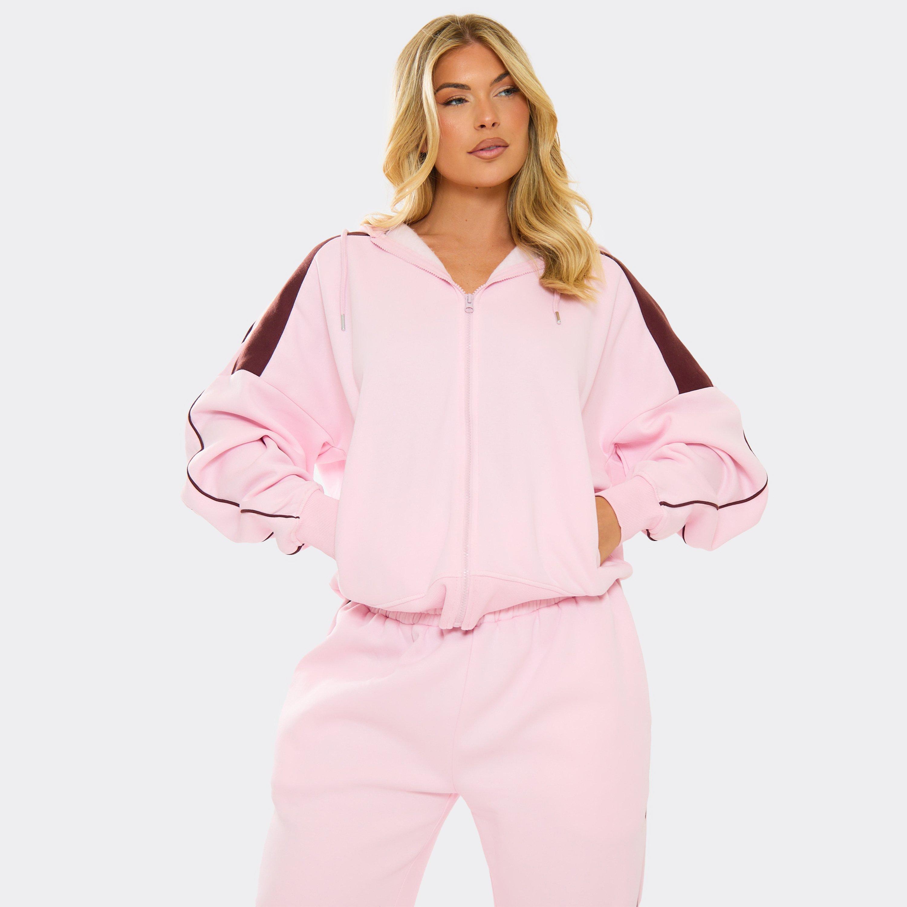 Burgundy Contrast Stripe Zip Through Oversized Hoodie In Pink, Women’s