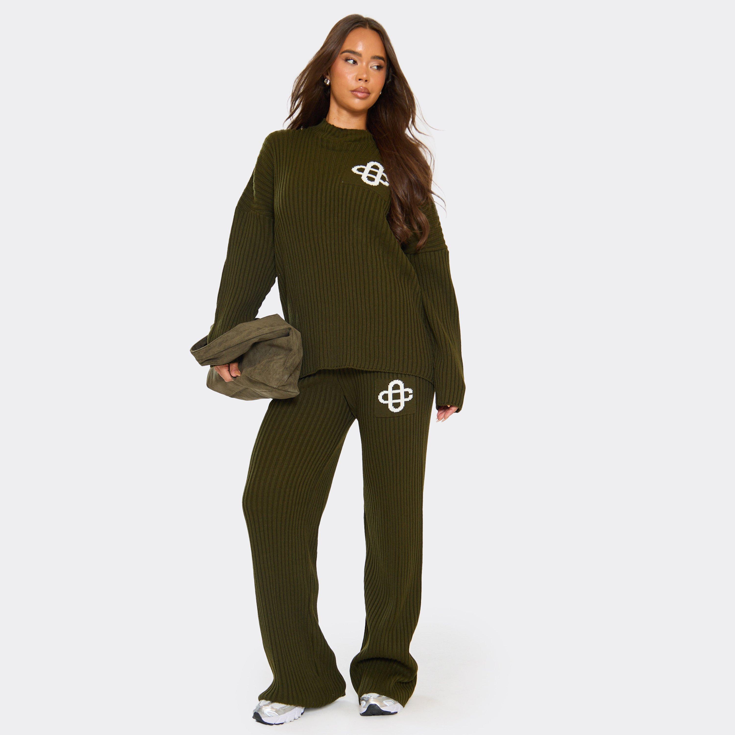 High Waist Swirl Graphic Wide Leg Trousers In Khaki Rib Knit, Women's Size UK S