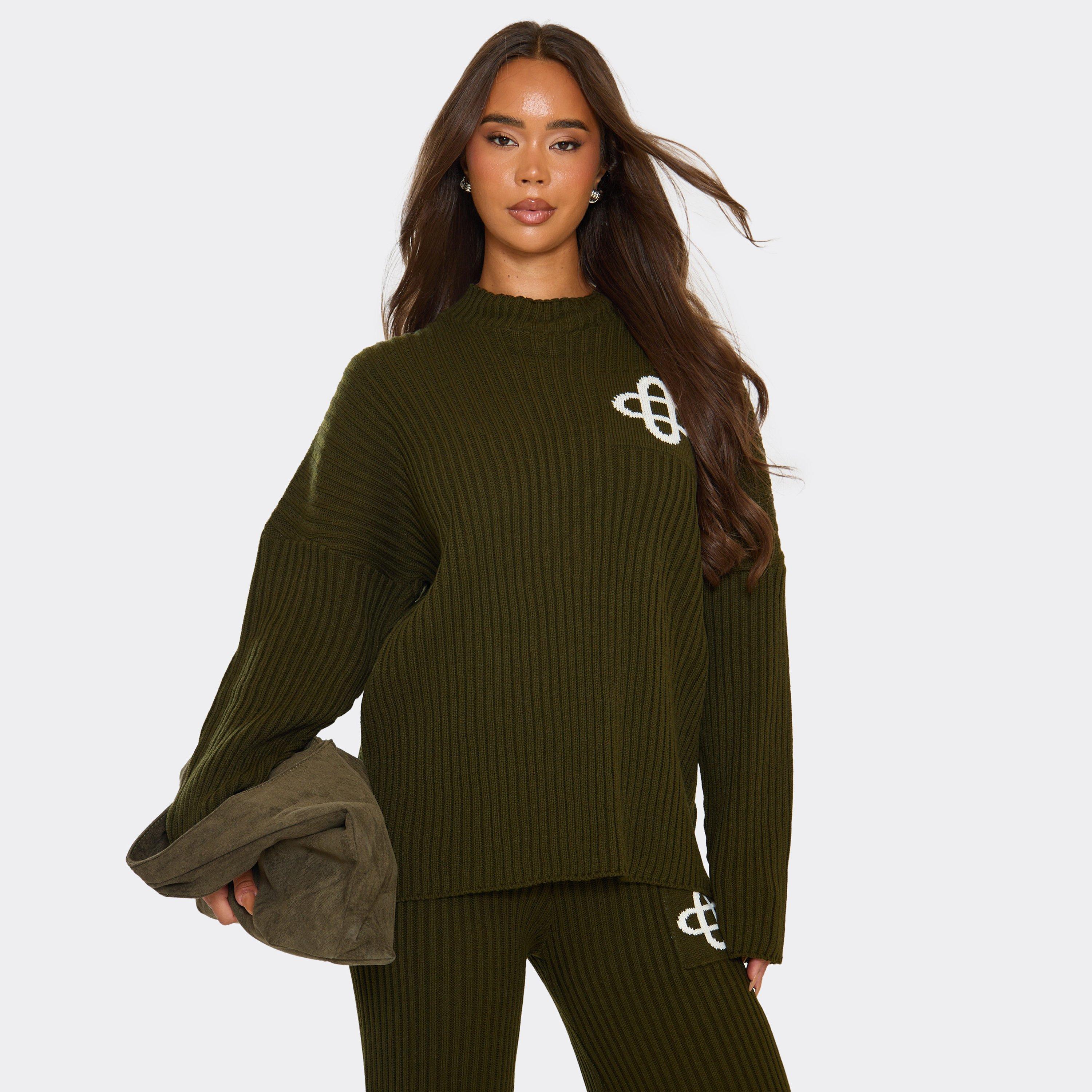 Long Sleeve High Neck Swirl Graphic Jumper In Khaki Rib Knit, Women’s