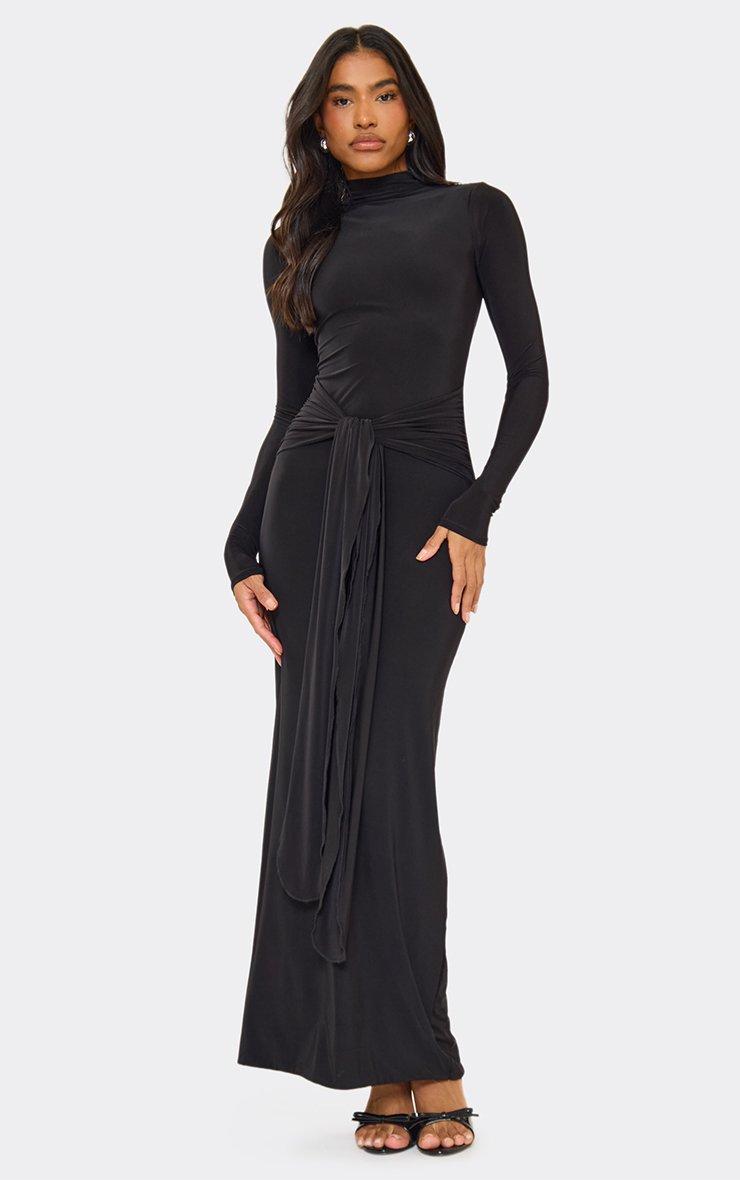 high neck long sleeve flowy dress Long Sleeves High Neckline Cut-Out Details Maxi Dress Black