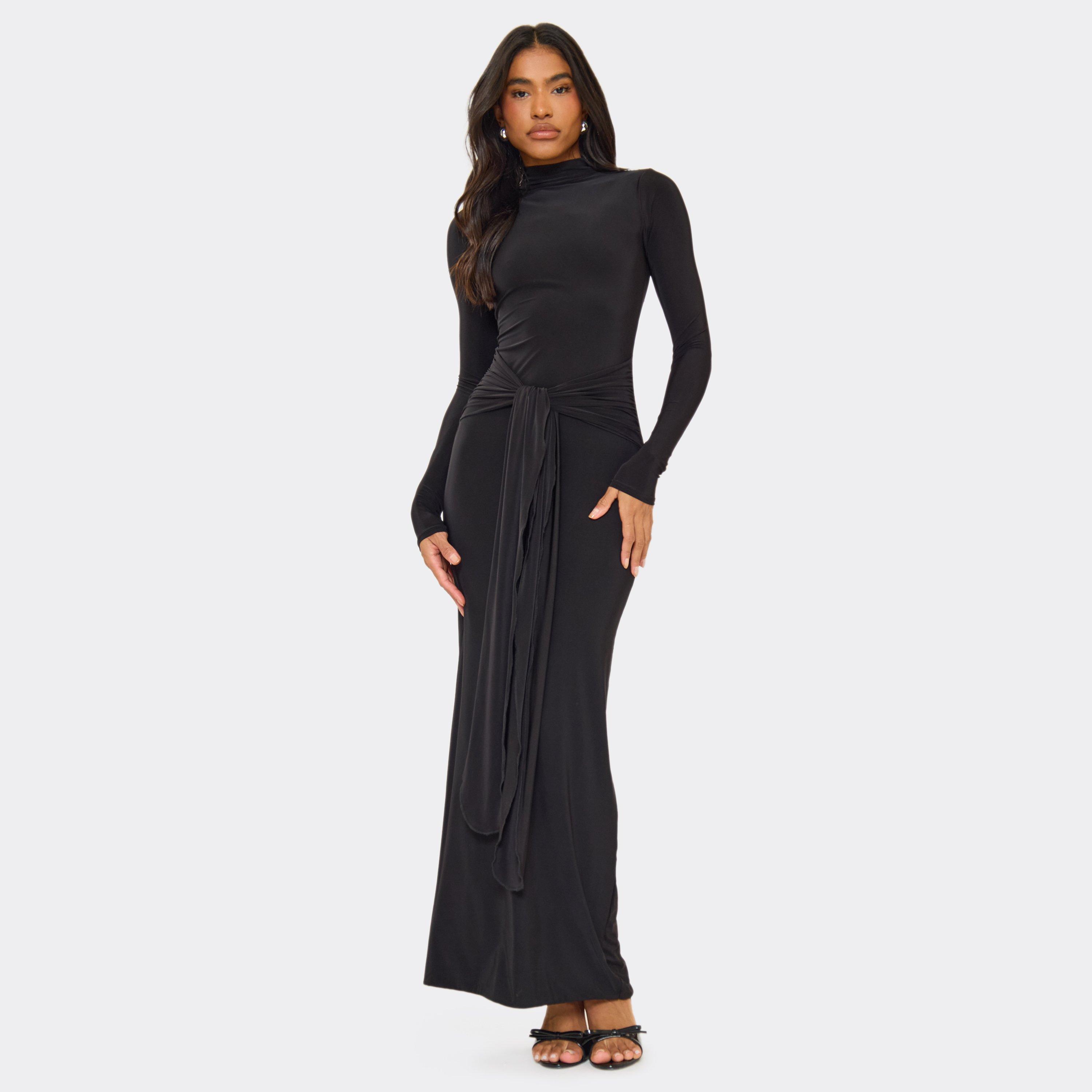 Long Sleeve High Neck Drape Detail Maxi Dress In Black Slinky In Black, Women’s