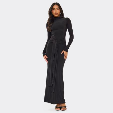 Long Sleeve High Neck Drape Detail Maxi Dress In Black Slinky In Black, Women's Size US