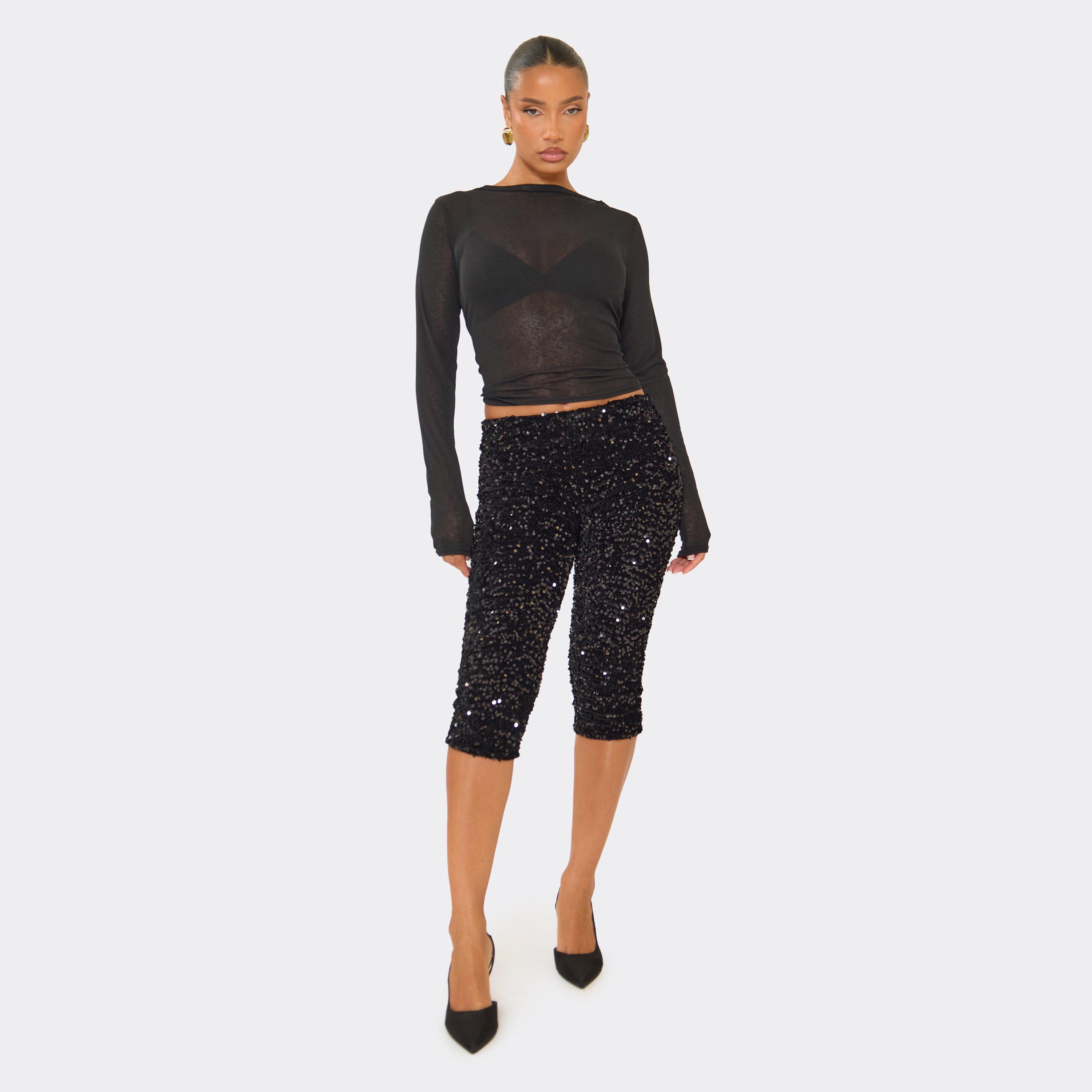 Low Rise Capri Leggings In Black Velour Sequin, Women's Size UK 6