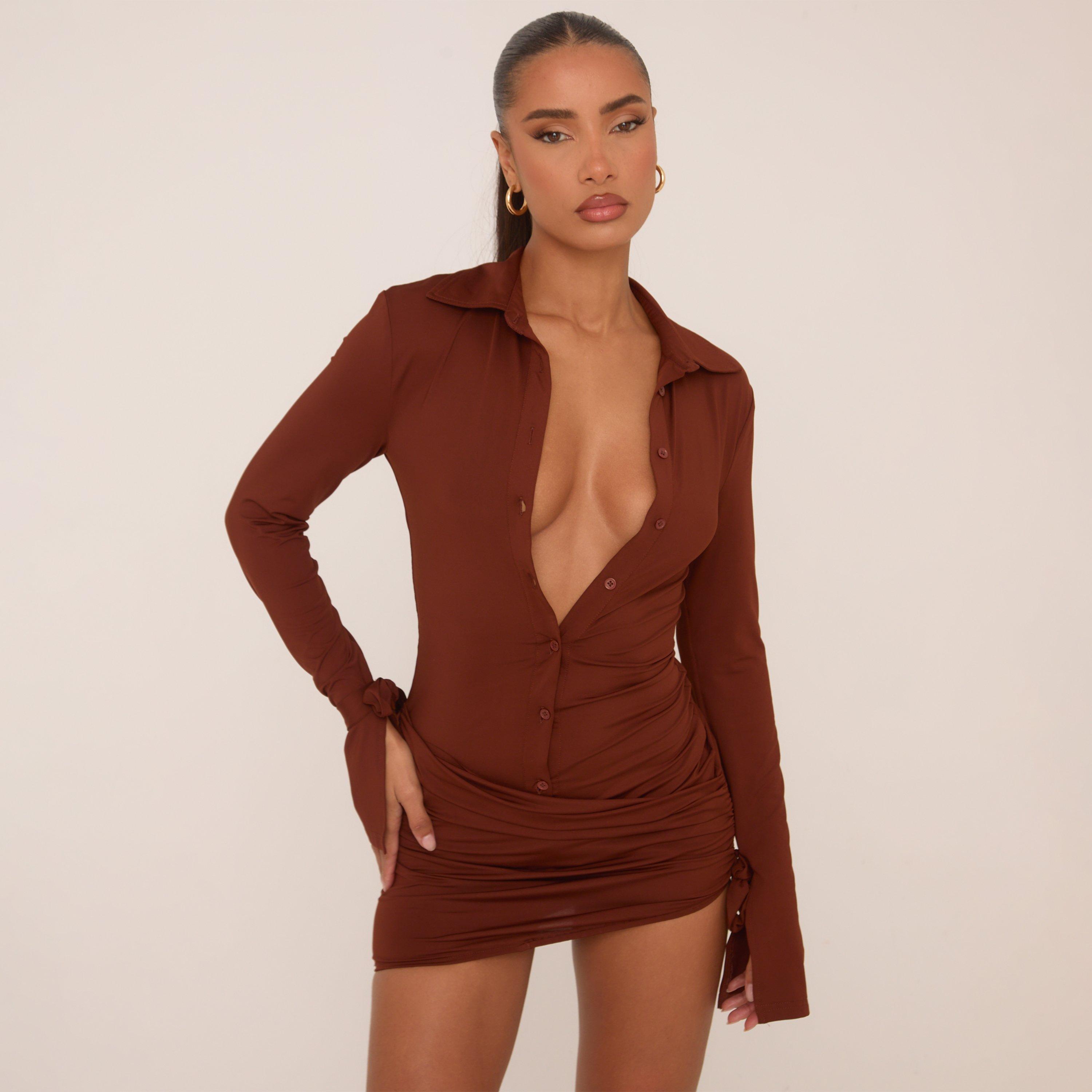 Collusion Brown Tshirt Dress Long Sleeve Button Down Ruched Shirt Dress In  Brown EGO US EGO
