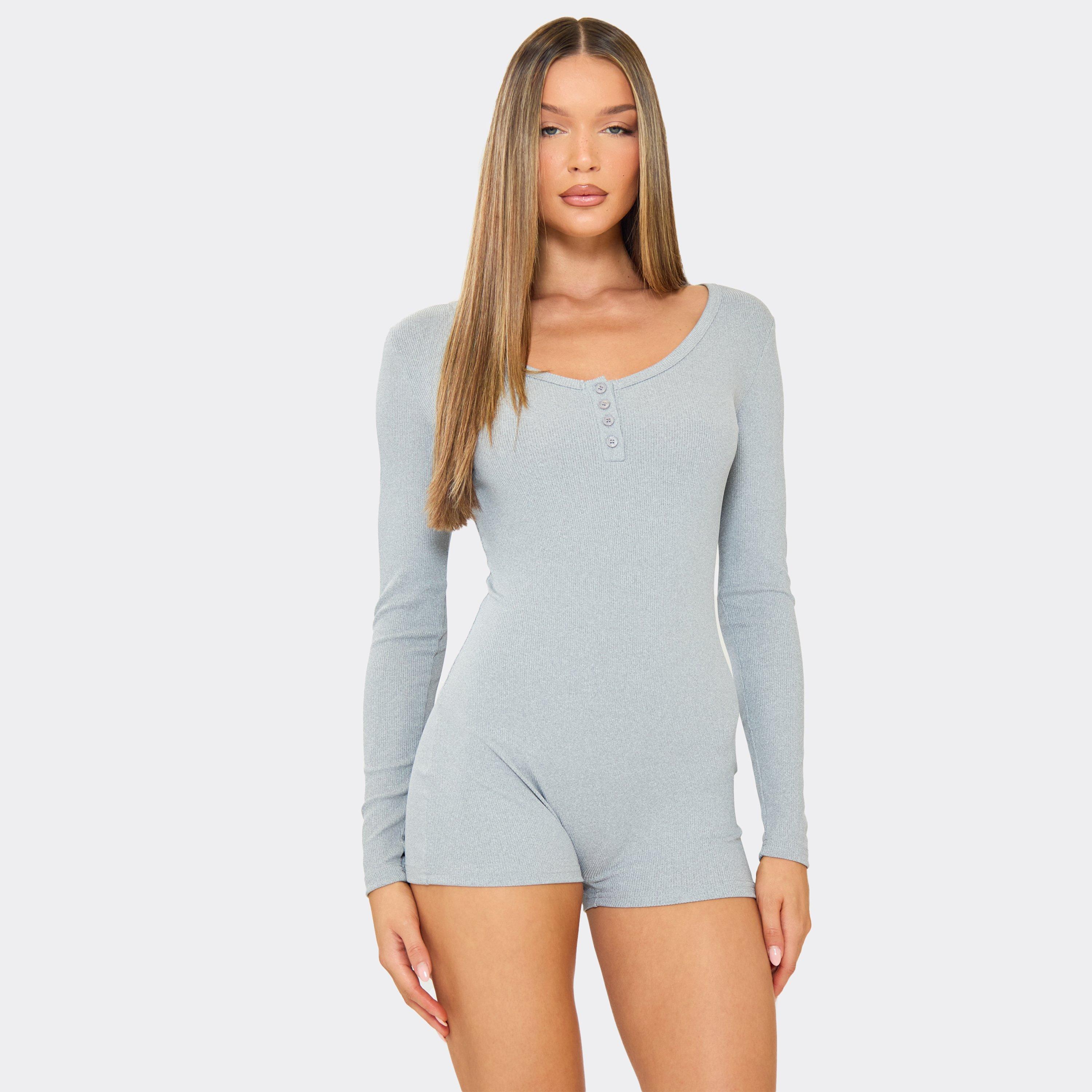 Long Sleeve Scoop Neck Button Front Pyjama Romper In Grey, Women’s