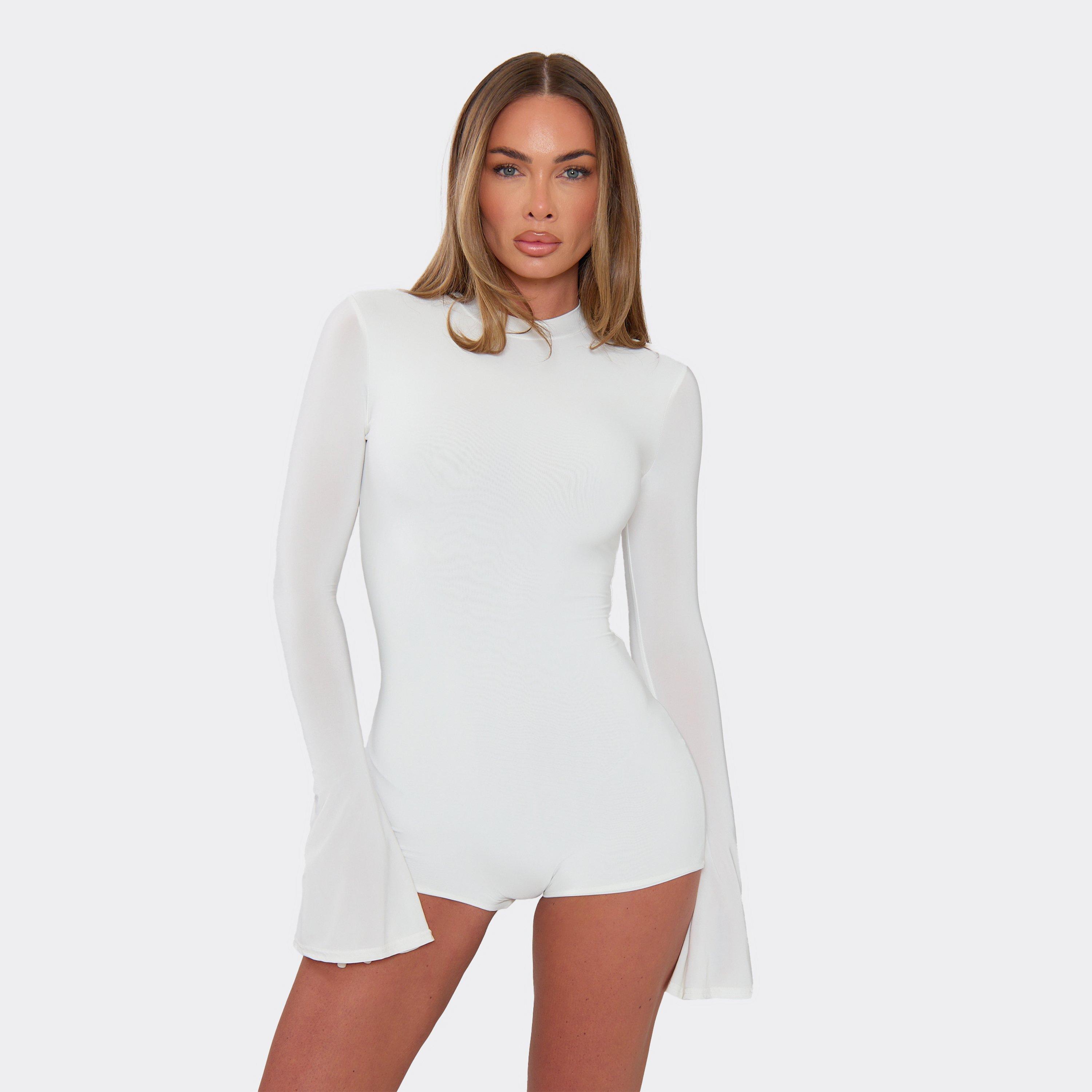Long Flute Sleeve Playsuit In White Slinky, Women's Size UK 8