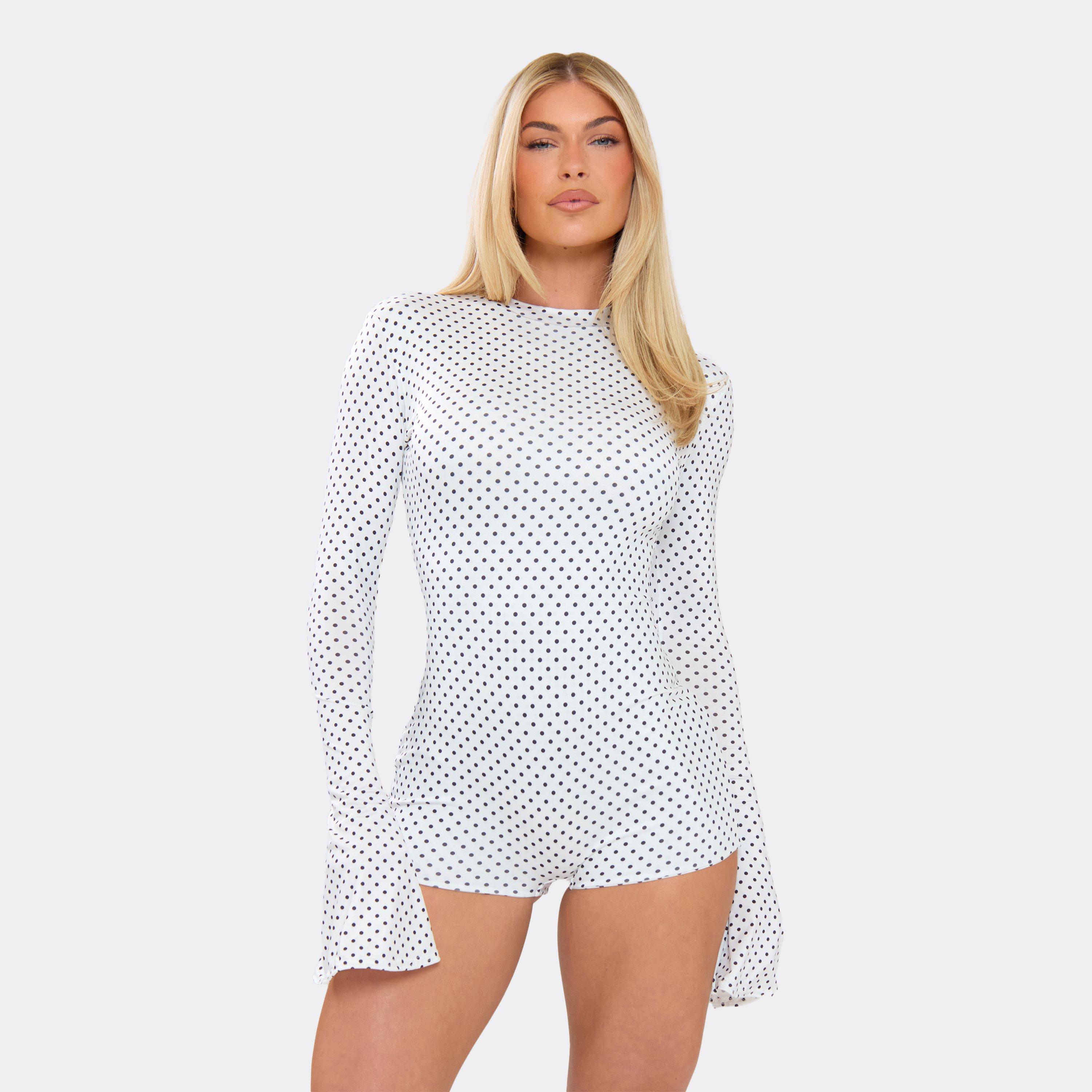 Image of Long Flute Sleeve Playsuit In White Polka Dot Slinky, Women's