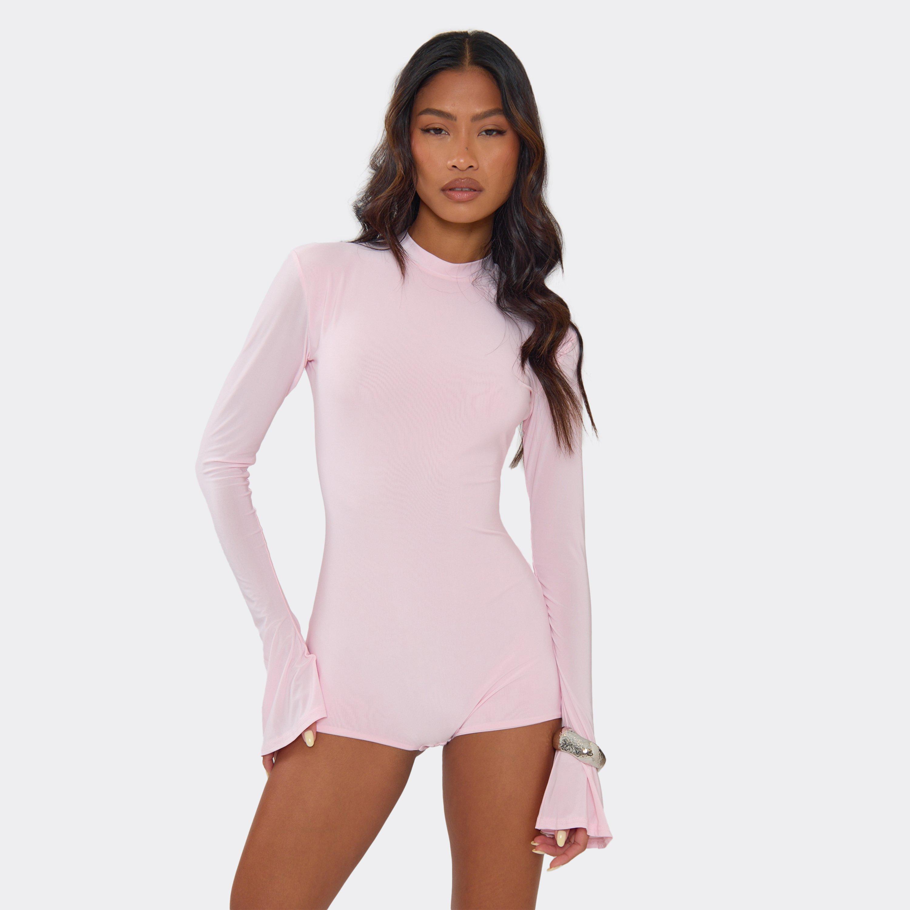 Image of Long Flute Sleeve Playsuit In Baby Pink Slinky, Women's
