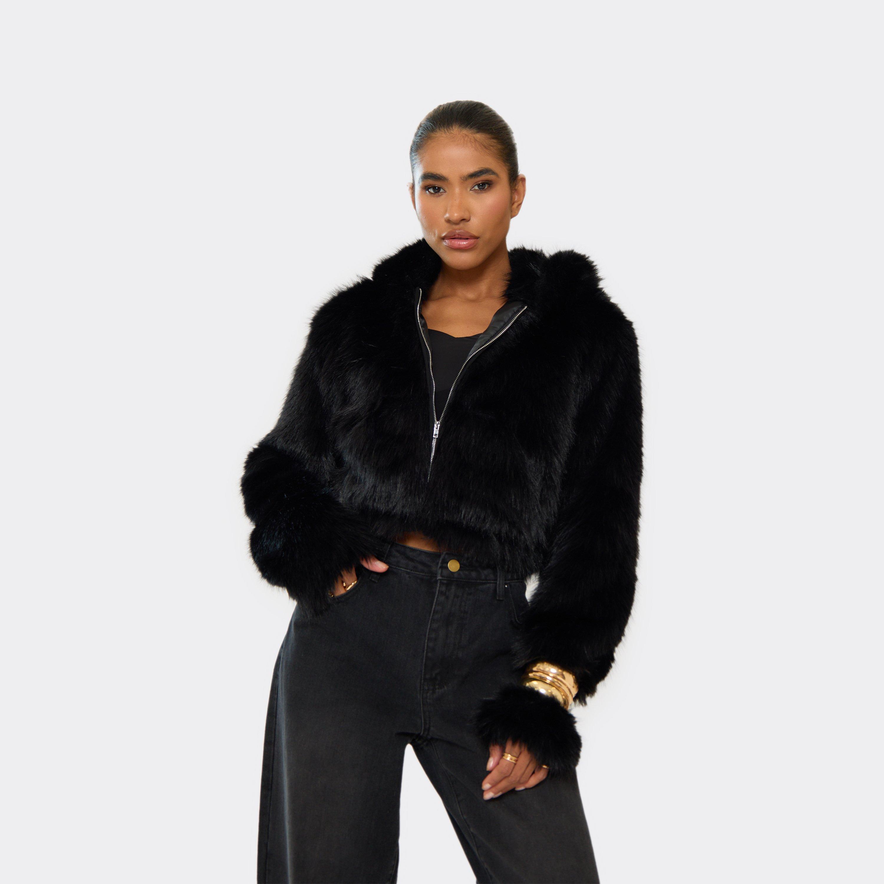 Long Sleeve Zip Front Hooded Jacket In Black Faux Fur, Women’s